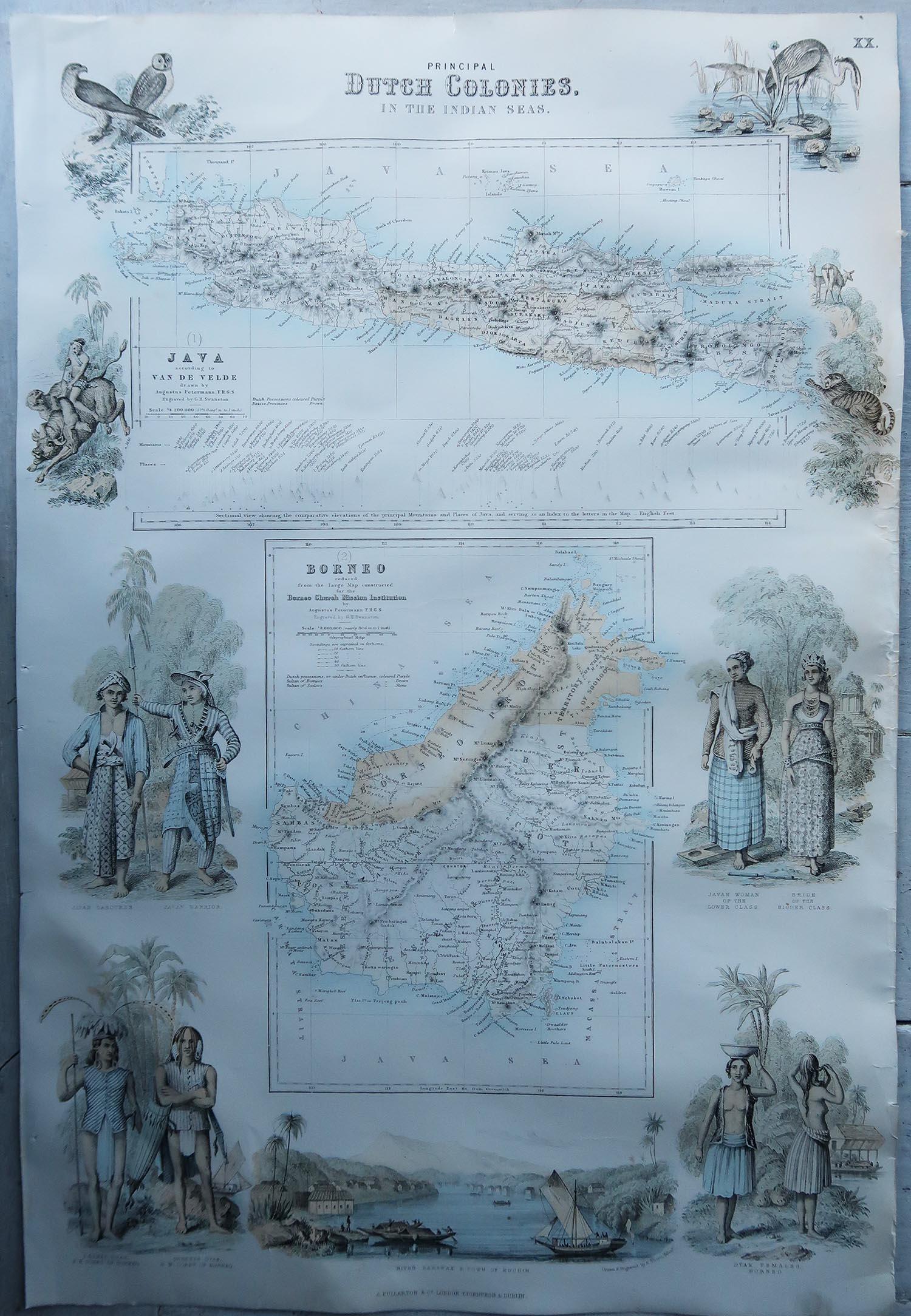 Scottish Large Original Antique Map of Java and Borneo, Fullarton, C.1870 For Sale
