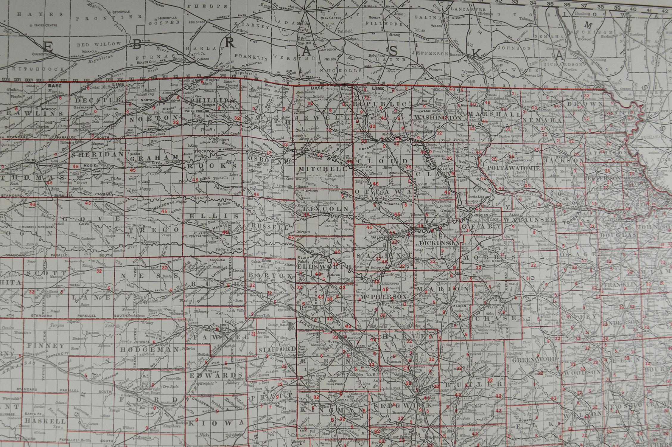 Edwardian Large Original Antique Map of Kansas by Rand McNally, circa 1900