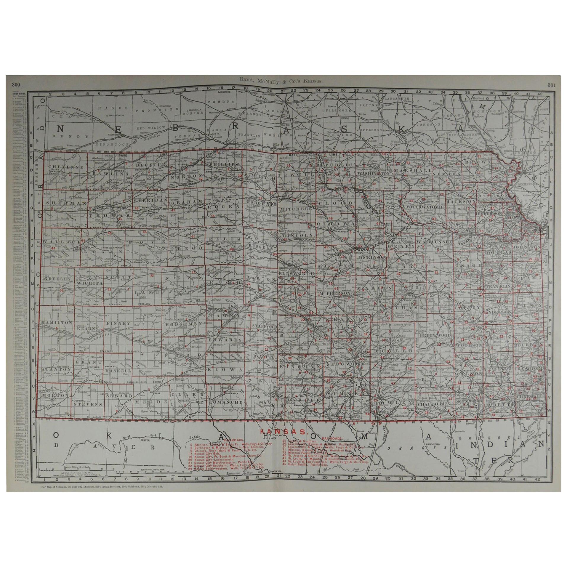 Large Original Antique Map of Kansas by Rand McNally, circa 1900