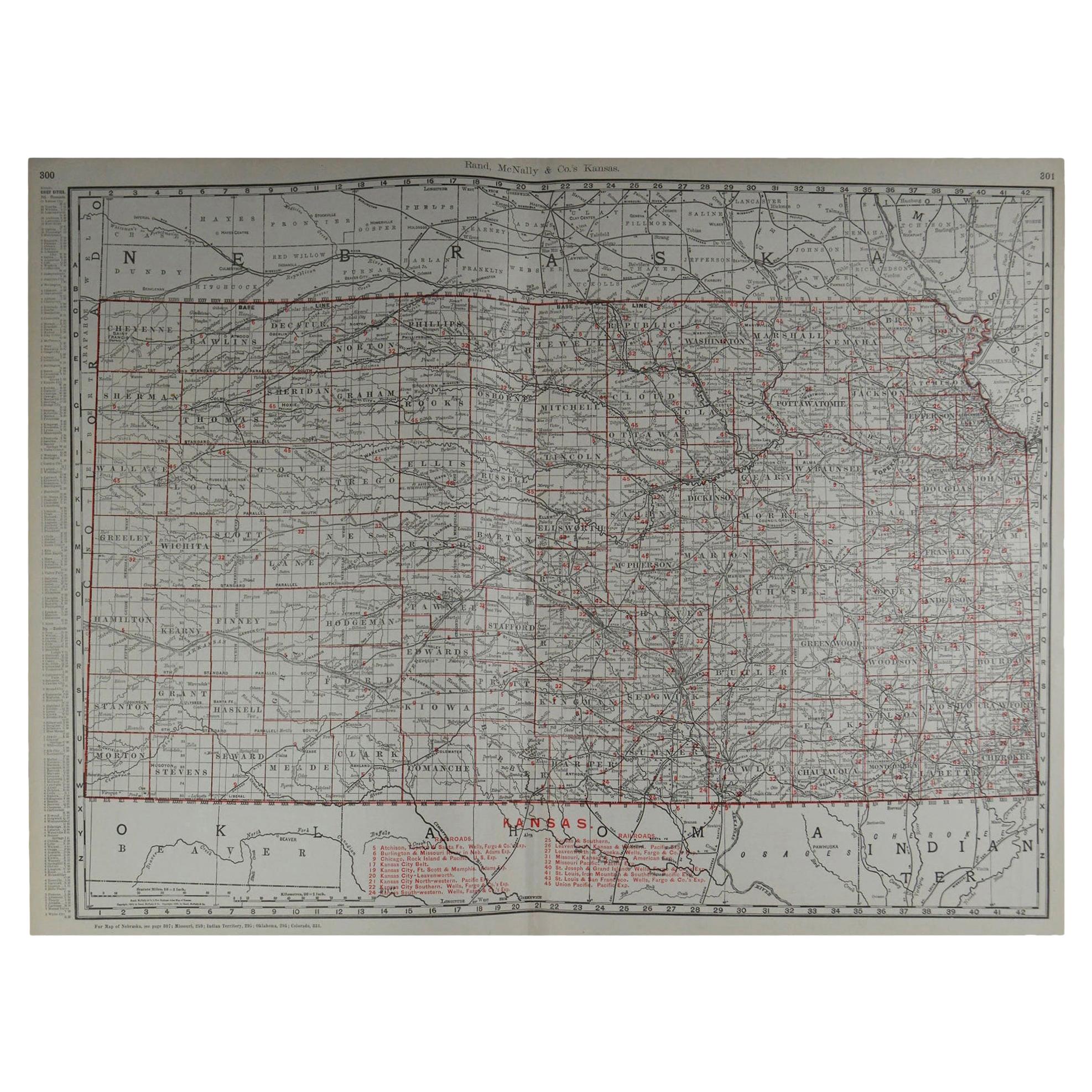 Large Original Antique Map of Kansas by Rand McNally, circa 1900