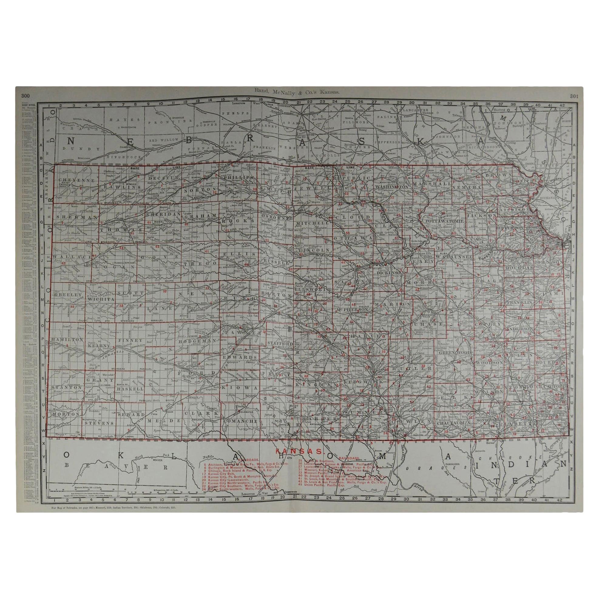Large Original Antique Map of Kansas by Rand McNally, circa 1900