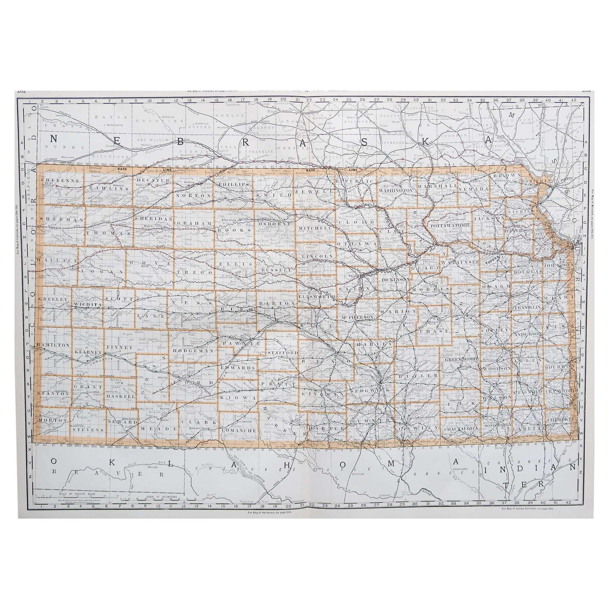 Gran Mapa Antiguo Original de Kansas, EE.UU., 1894
