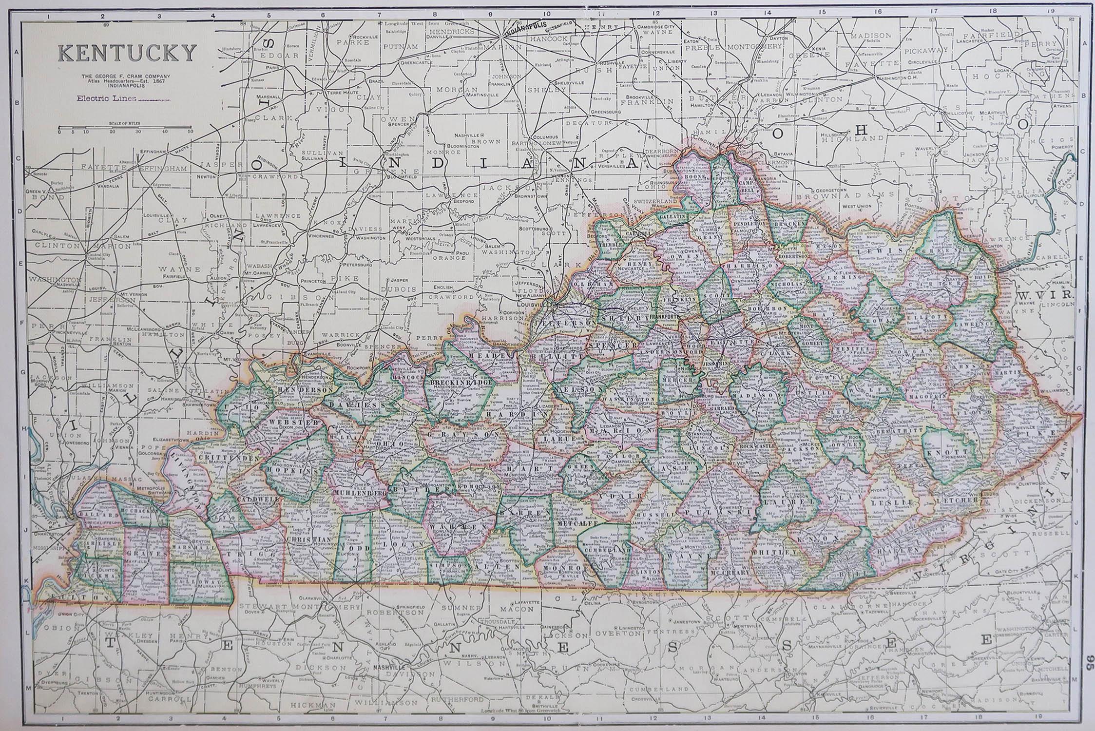 Fabulous map of Kentucky

Original color

Engraved and printed by the George F. Cram Company, Indianapolis.

Published, C.1900

Unframed.