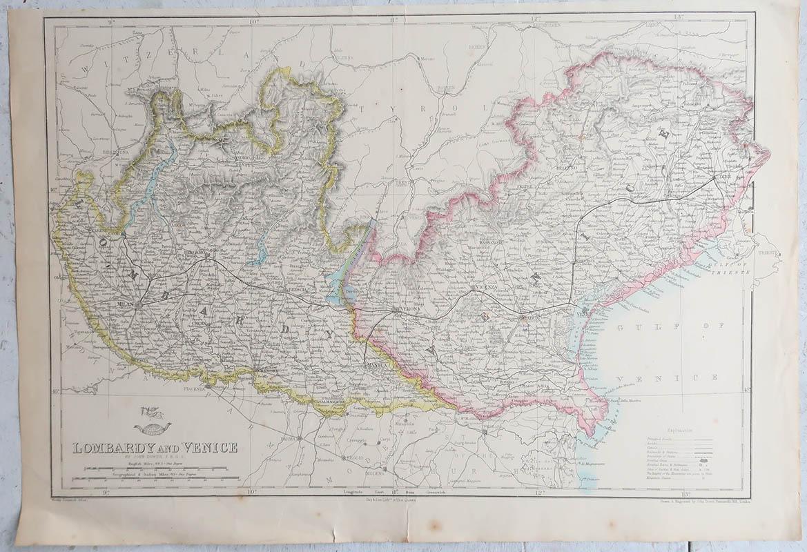 Vittoriano Grande mappa originale antica della Lombardia e di Venezia, Italia. John Dower, 1861 in vendita