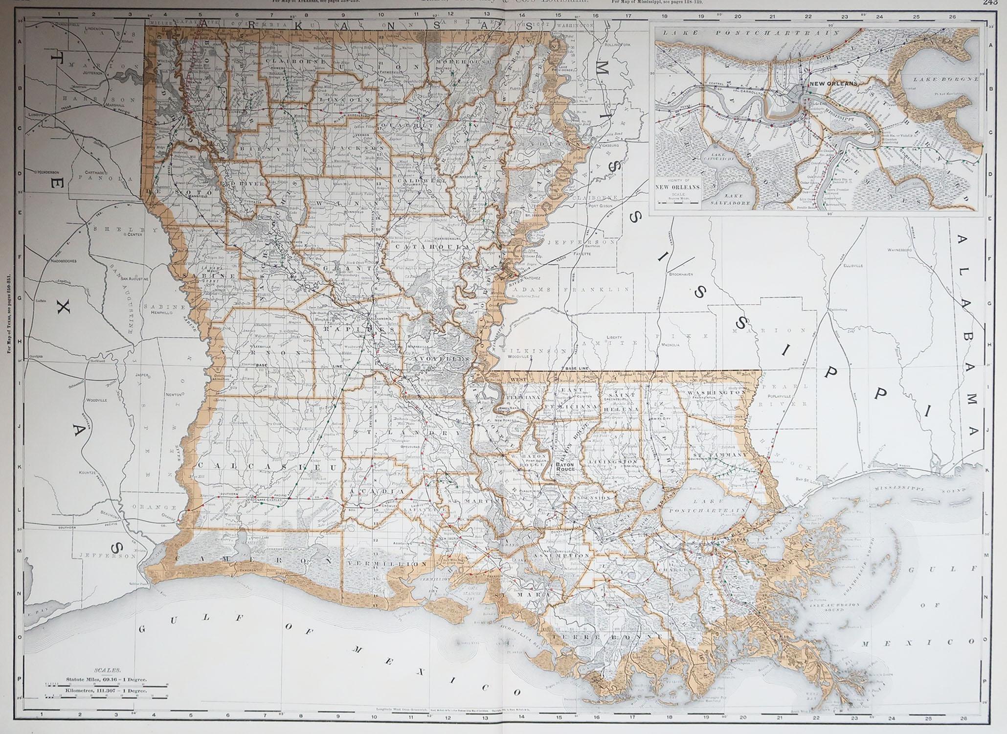 Fabulous map of Louisiana.

Original color.

By Rand, McNally & Co.

Published, 1894.

Unframed.

Free shipping.