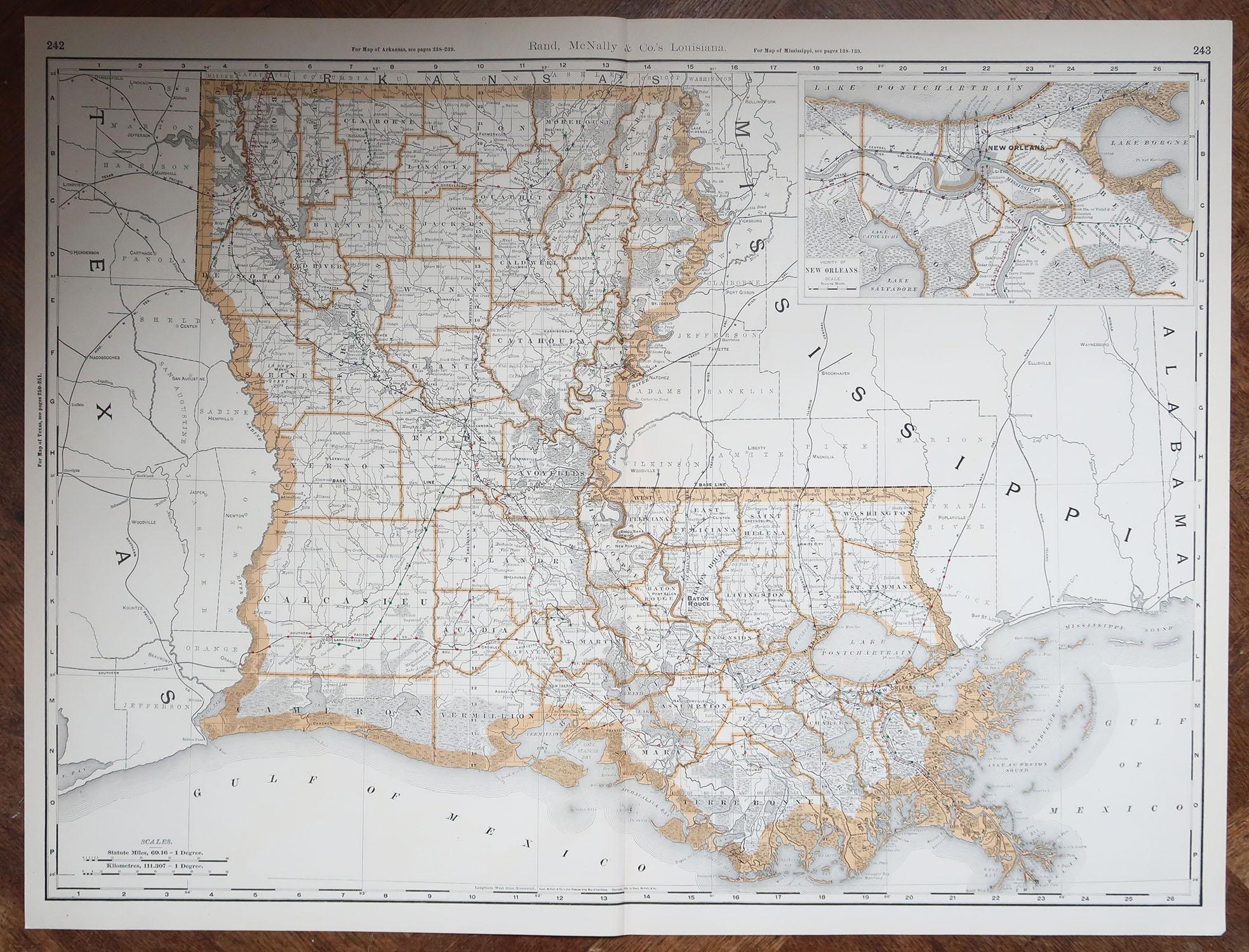 American Large Original Antique Map of Louisiana, Usa, 1894