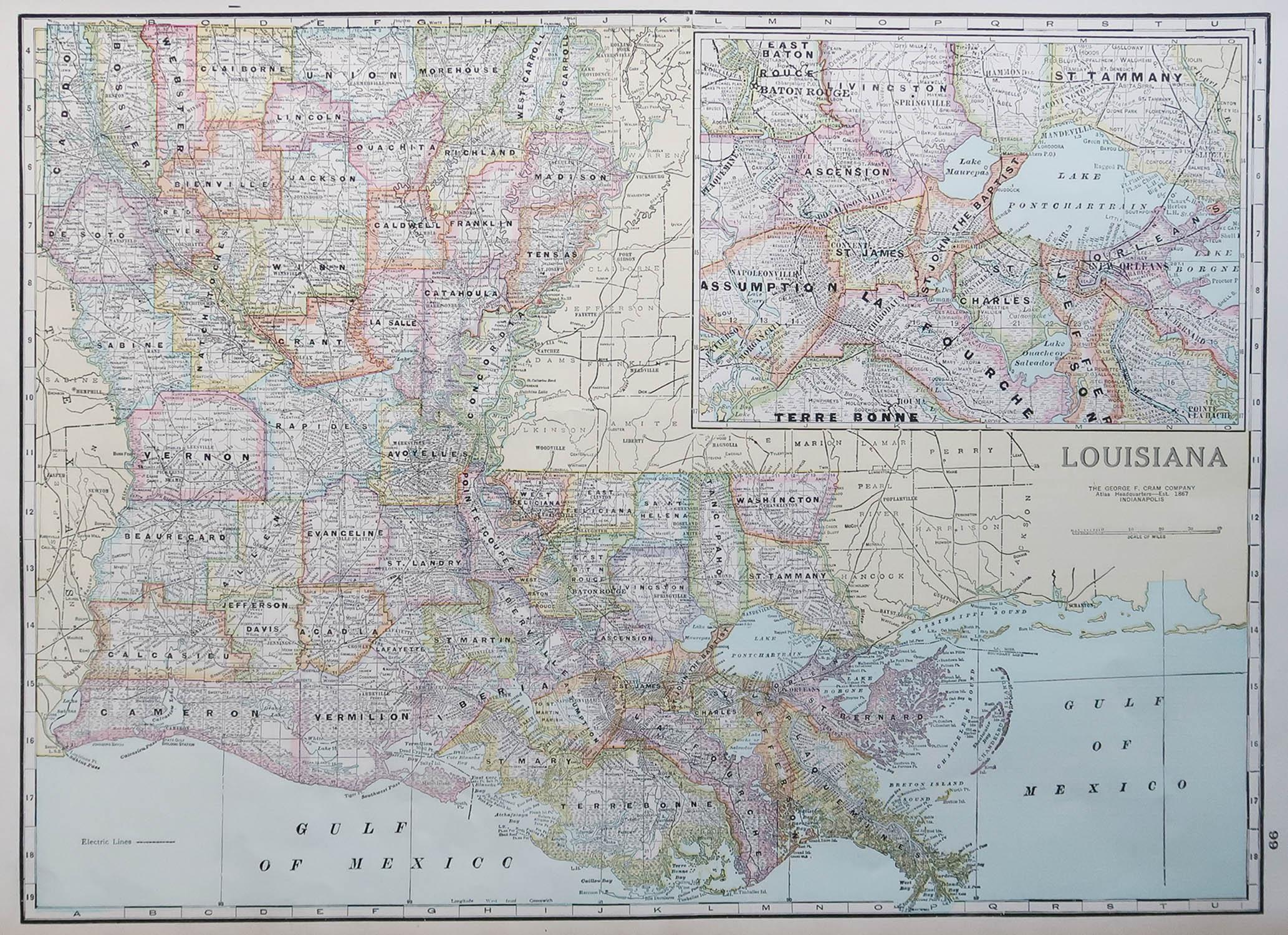 Fabulous map of Louisiana.

Original color.

Engraved and printed by the George F. Cram Company, Indianapolis.

Published, c.1900.

Unframed.

Repair to a small tear top left corner

Free shipping.