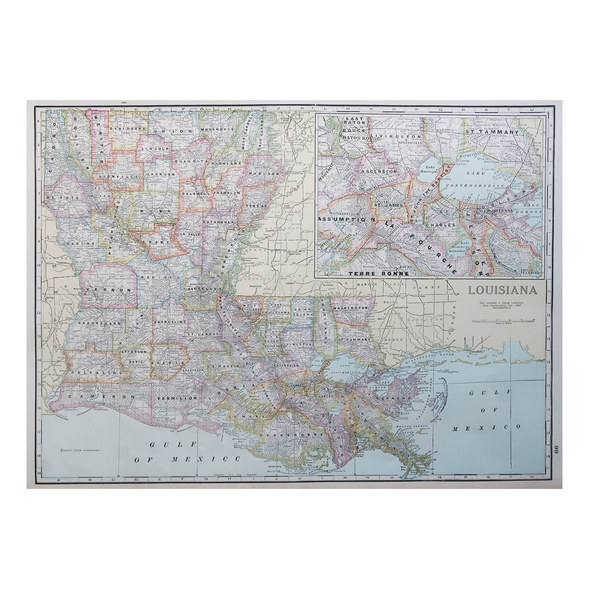 Grande carte ancienne d'origine de la Louisiane, États-Unis, vers 1900