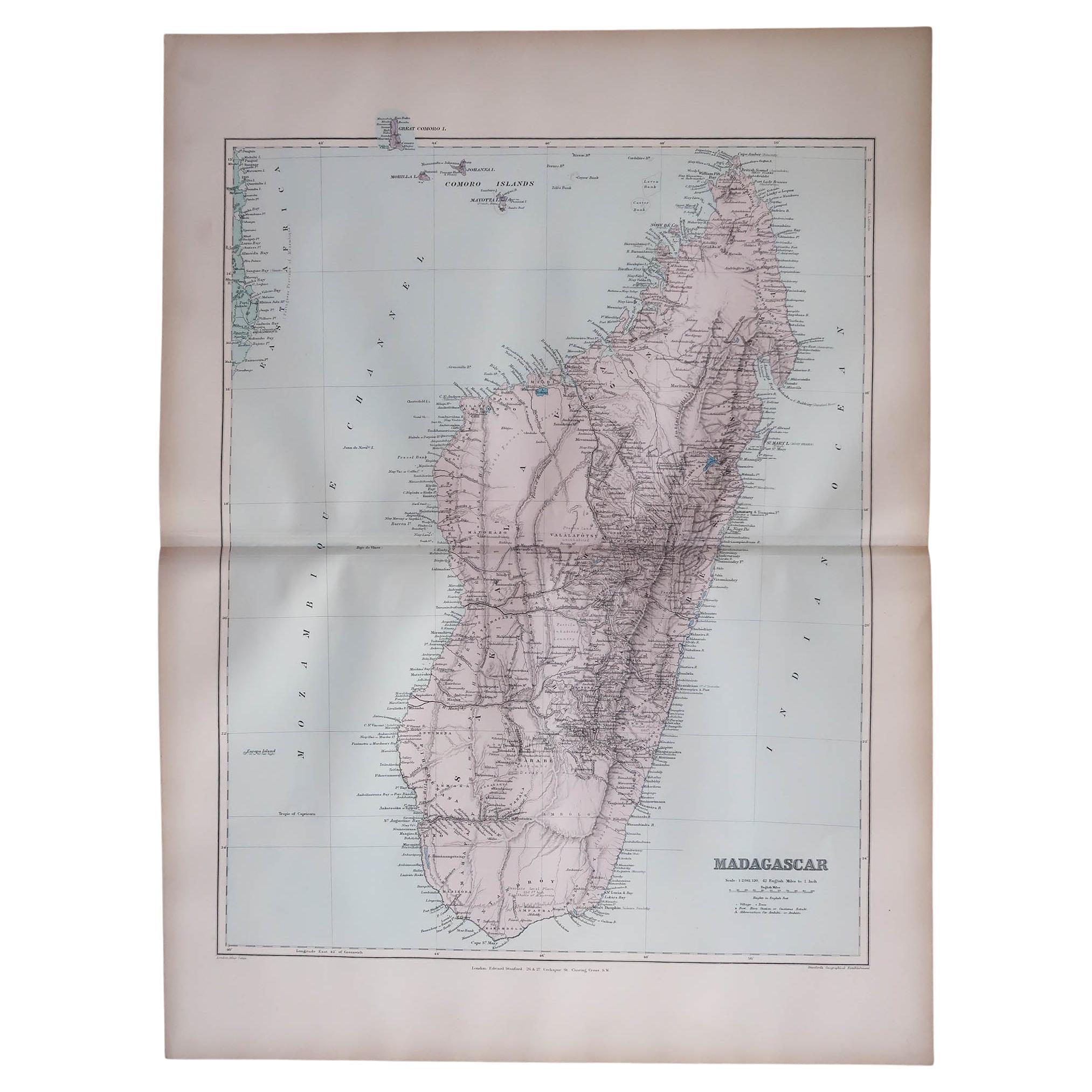 Grande mappa antica originale del Madagascar. 1894