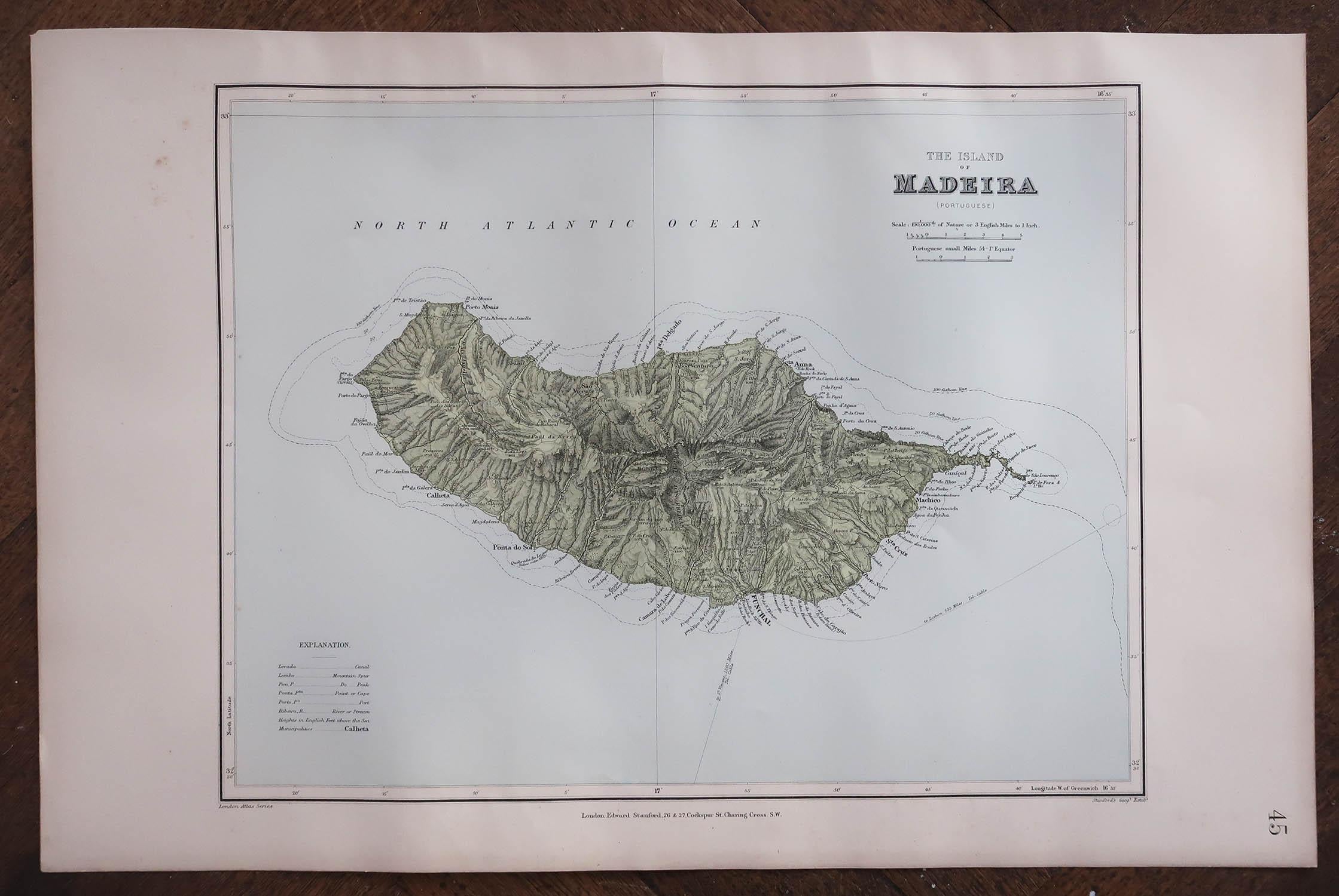 Superb Antique map of Madeira

Published Edward Stanford, Charing Cross, London 1894

Original colour

Good condition

Unframed.

Free shipping








