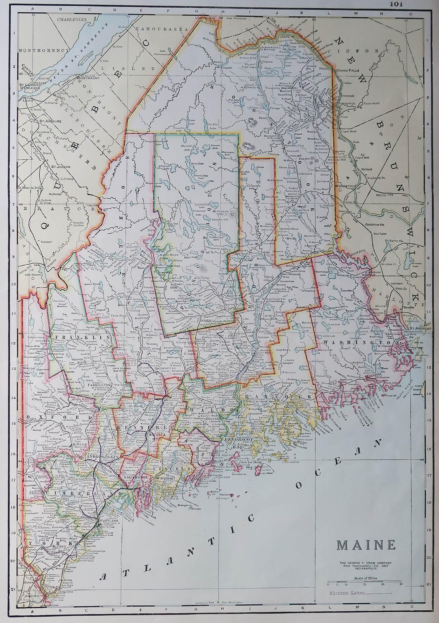 Fabulous map of Maine

Original color

Engraved and printed by the George F. Cram Company, Indianapolis.

Published, C.1900

Unframed

Free shipping.