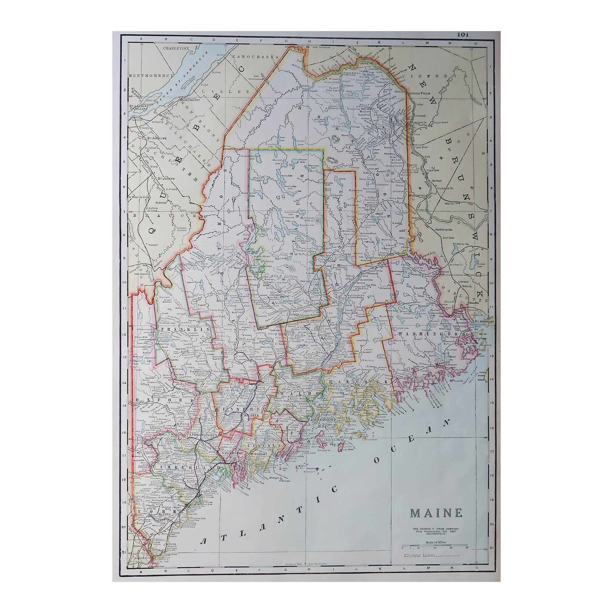 Grande mappa antica originale del Maine, USA, 1900 ca.