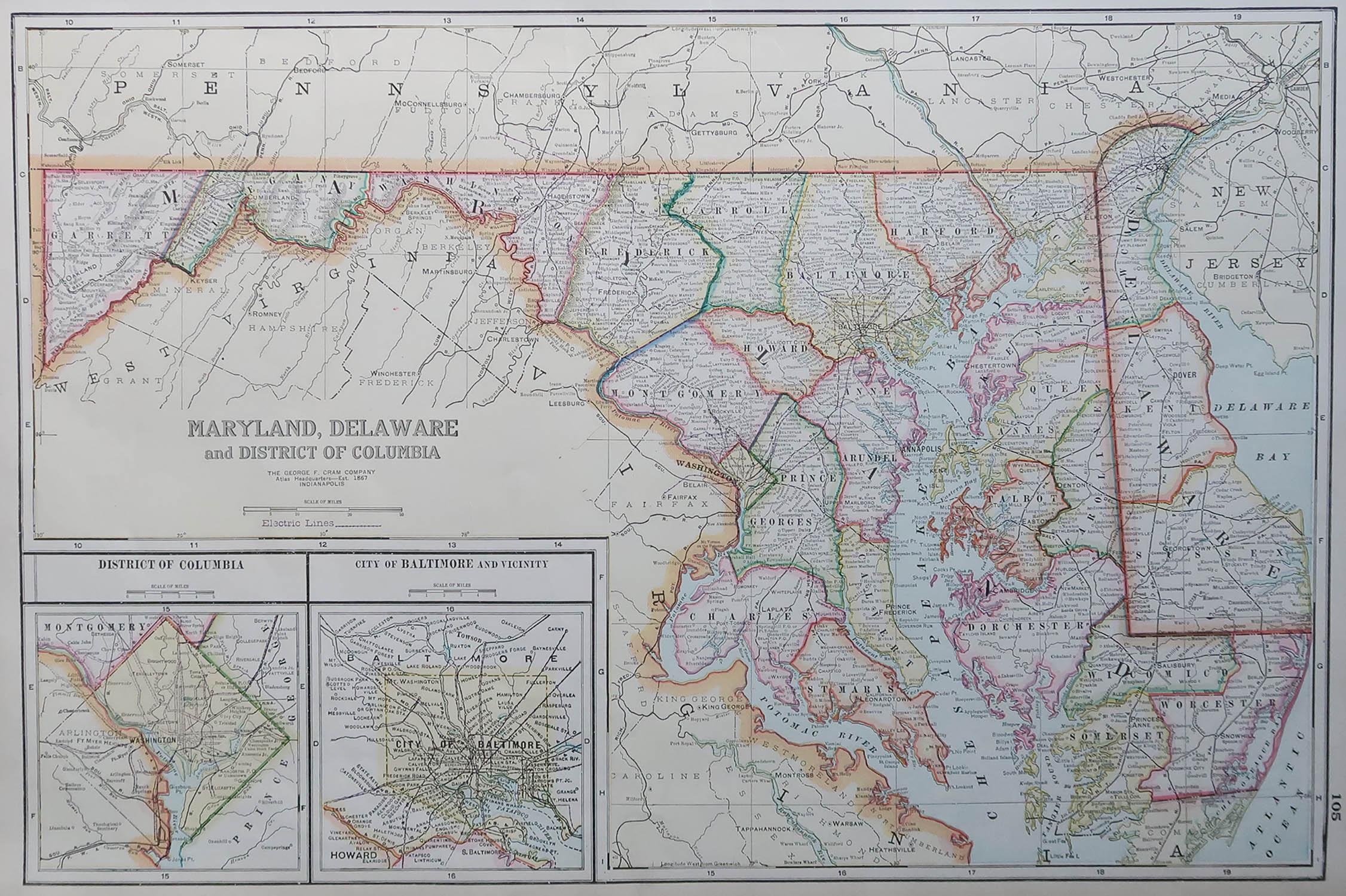 Fabulous map of Maryland, Delaware And District of Columbia

Original color

Engraved and printed by the George F. Cram Company, Indianapolis.

Published, C.1900

Unframed

Free shipping.