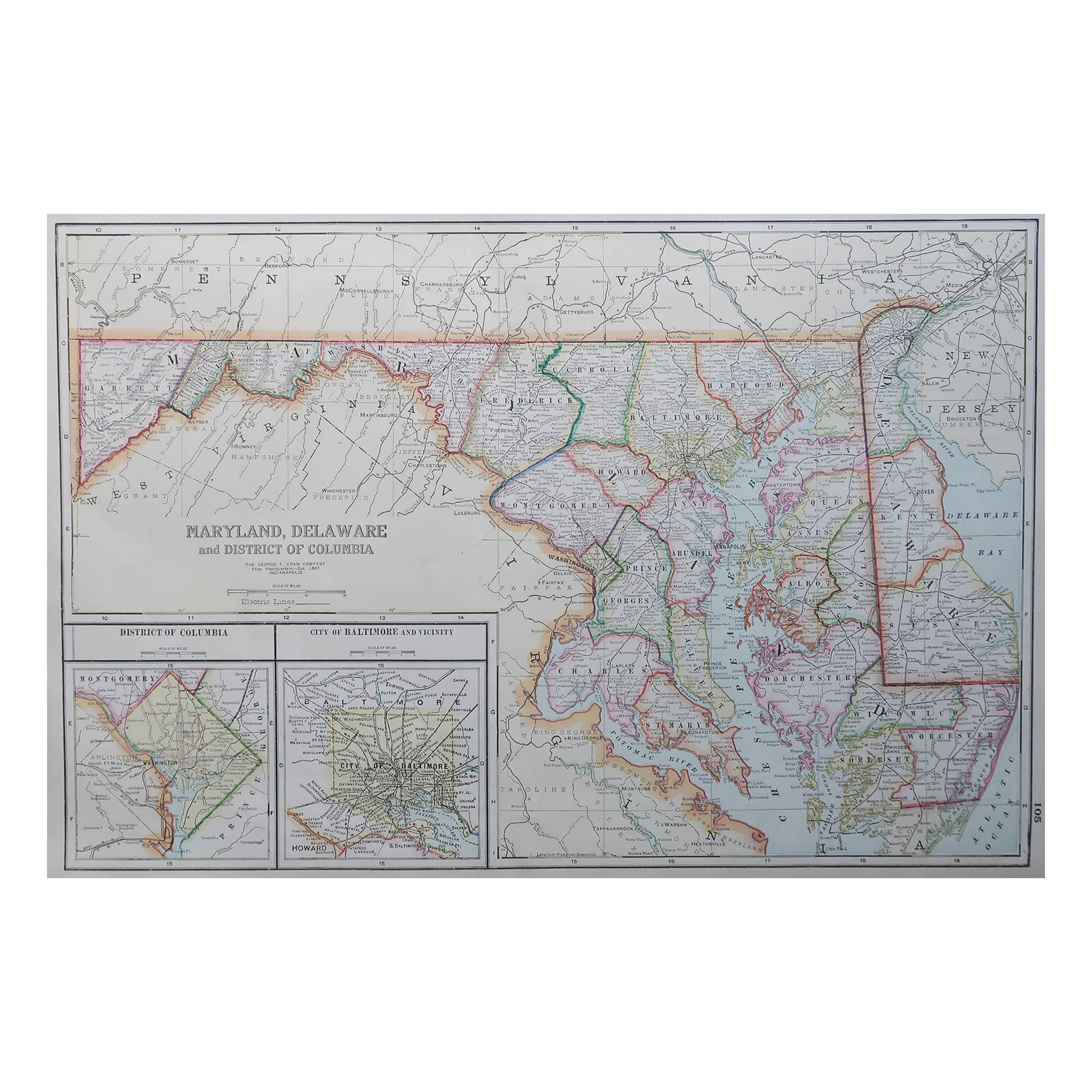 Gran Mapa Antiguo Original de Maryland, Delaware y DC, EE.UU., C.1900