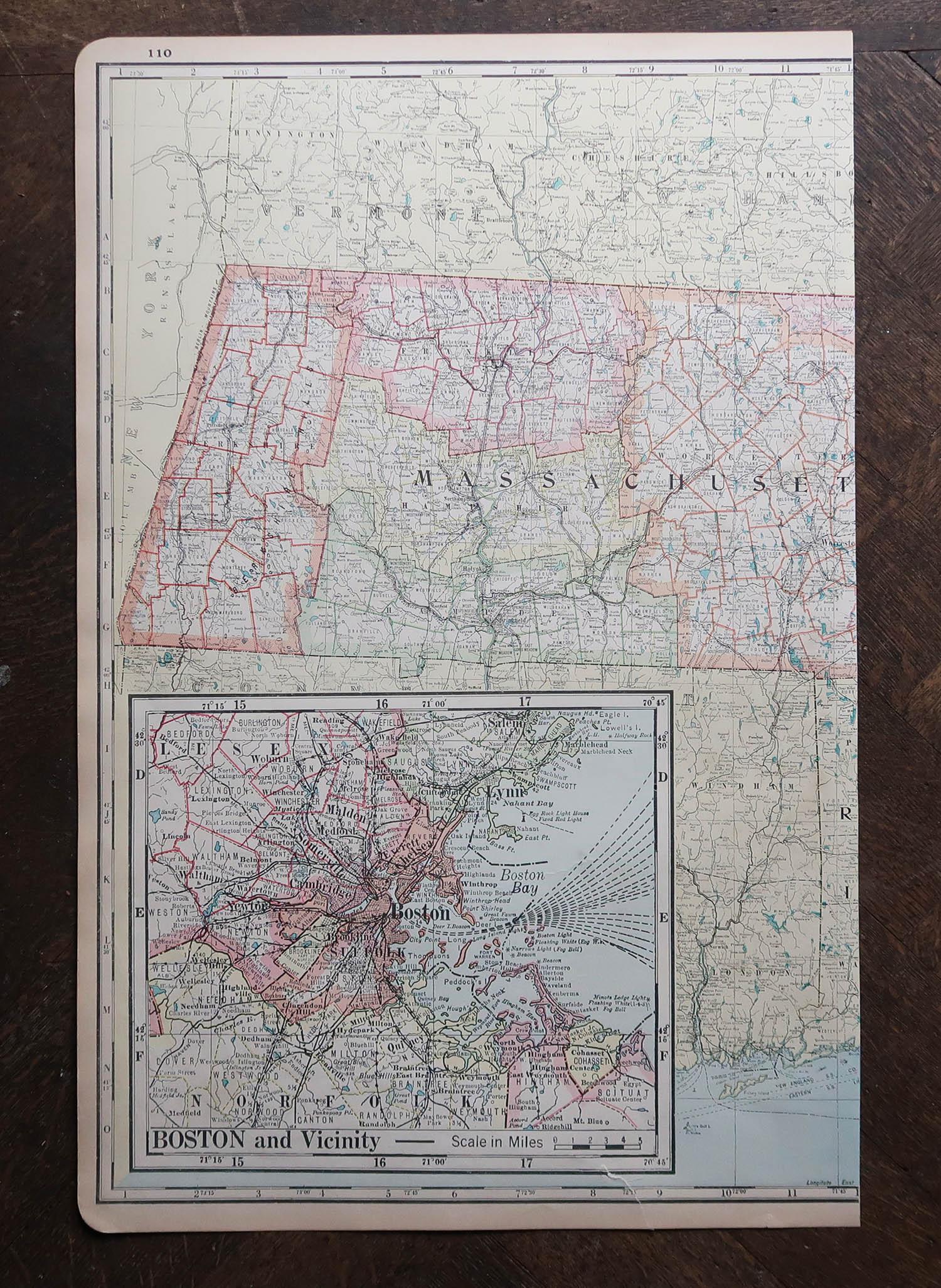 Fabulous map of Massachusetts

In 2 sheets. They can be joined but I have not done it

Original color

Engraved and printed by the George F. Cram Company, Indianapolis.

Published, circa 1900

Unframed

Repair to a tear on bottom edge shown in the