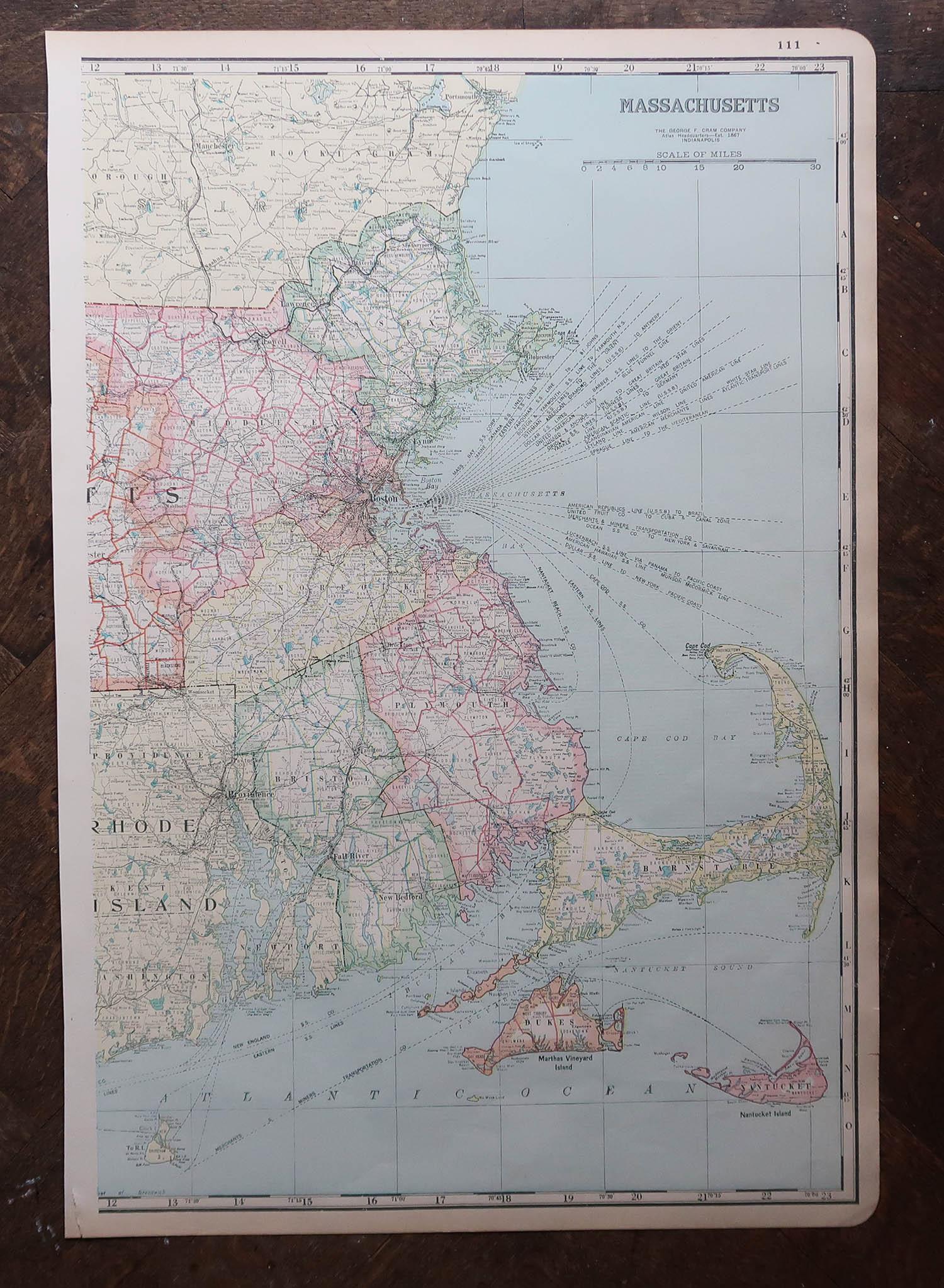 American Large Original Antique Map of Massachusetts, USA, circa 1900 For Sale