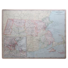 Large Original Antique Map of Massachusetts, USA, circa 1900