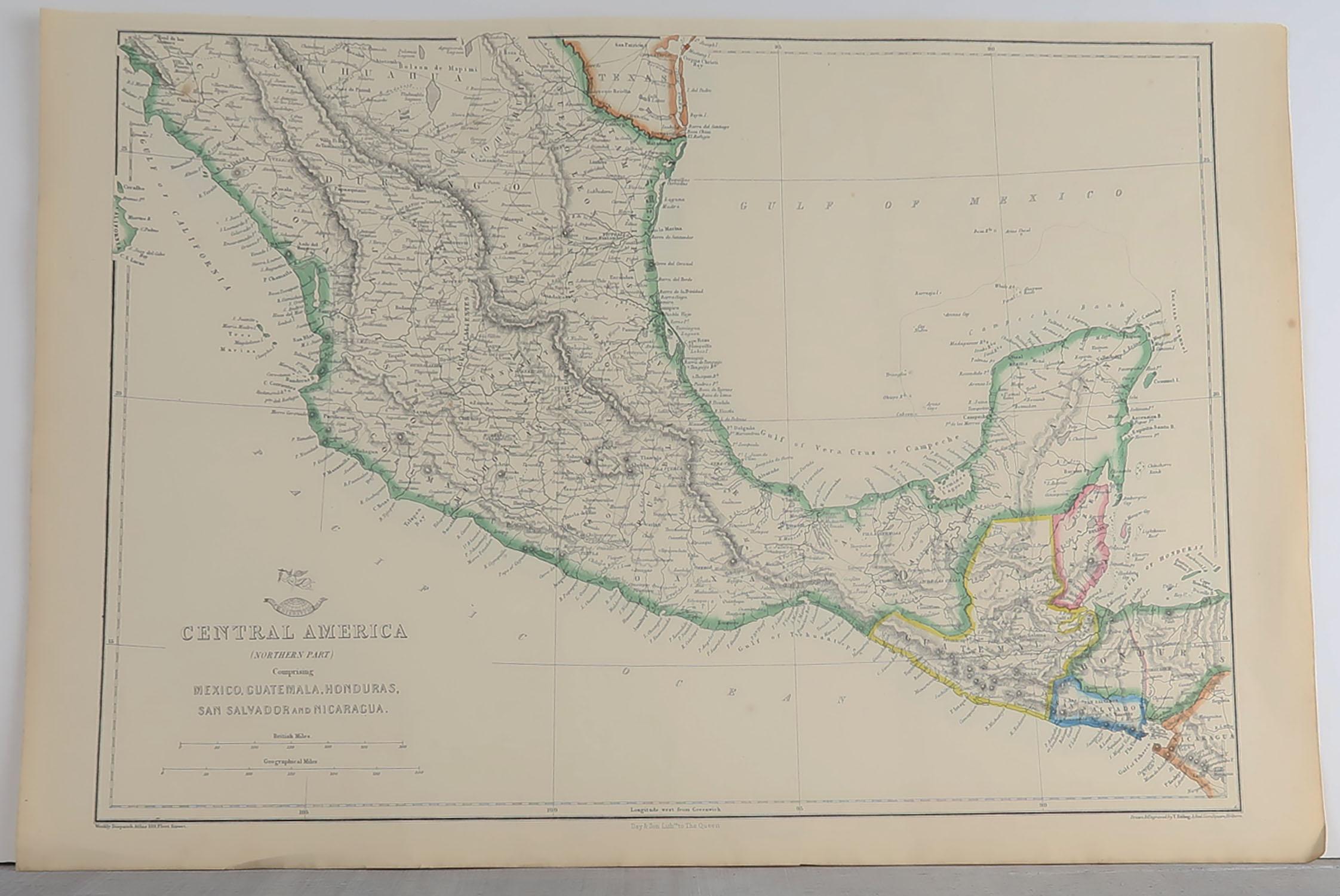 Great map of Mexico

Drawn and engraved by Edward Weller

Original color outline

Published in The Weekly Dispatch Atlas, 1861

A couple of repairs to some tiny edge tears

Unframed.








 