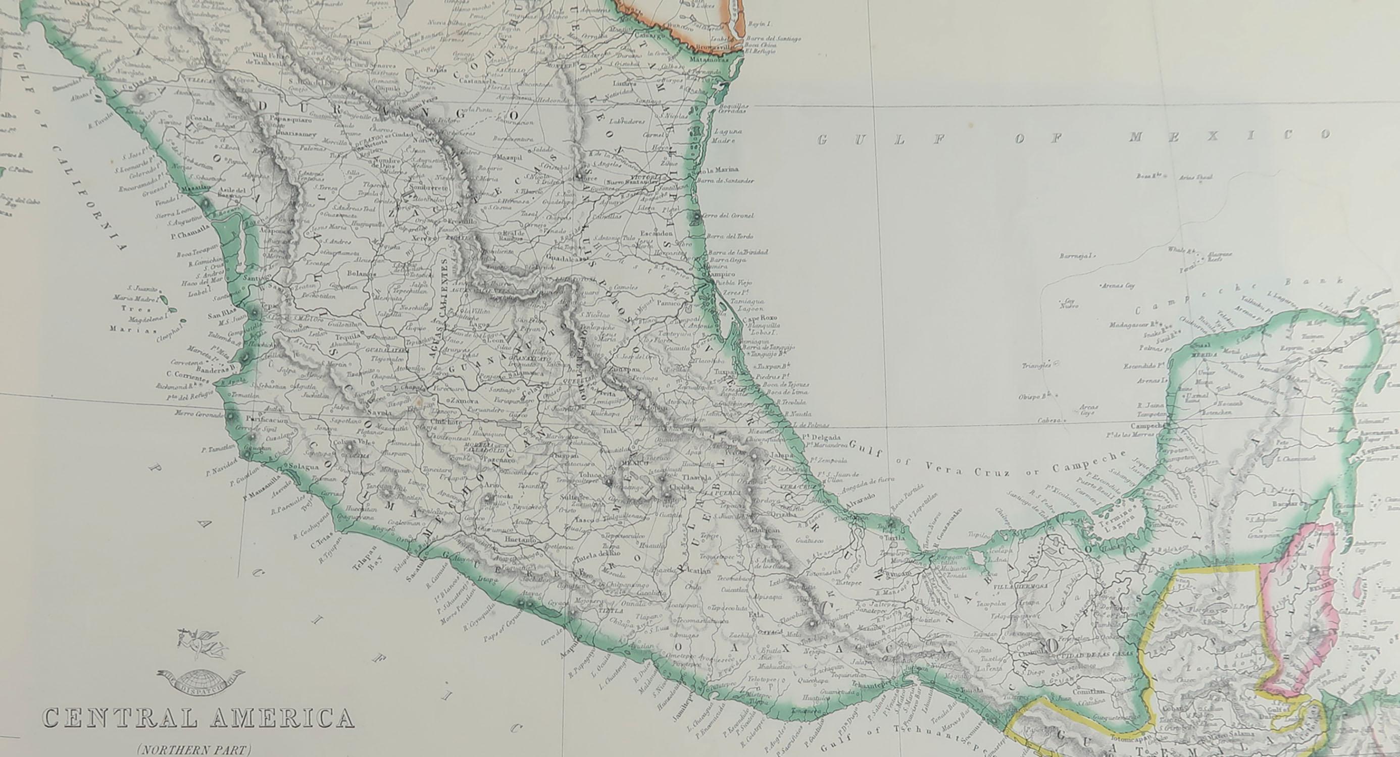 Victorian Large Original Antique Map of Mexico, 1861