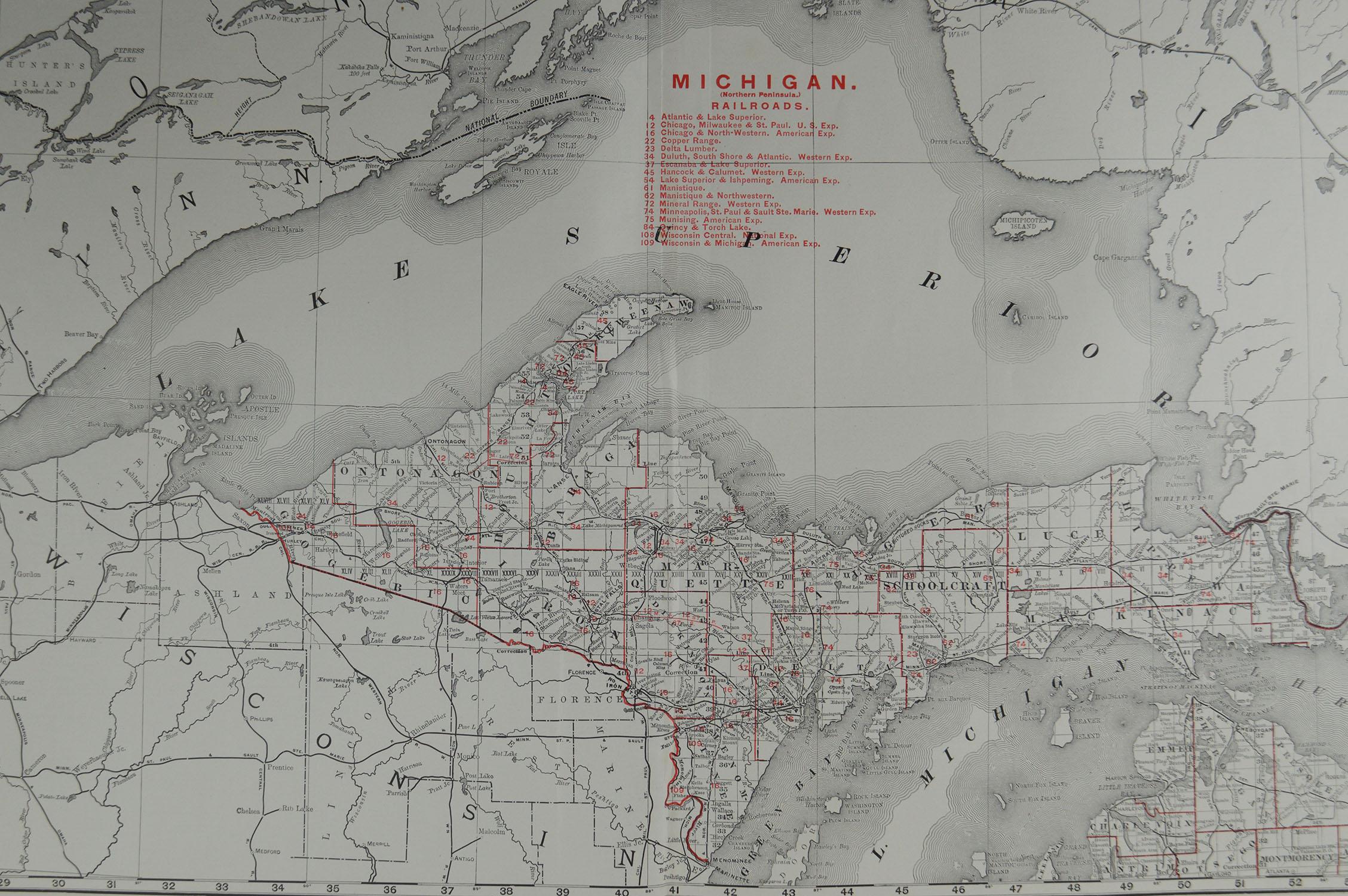 American Large Original Antique Map of Michigan by Rand McNally, circa 1900