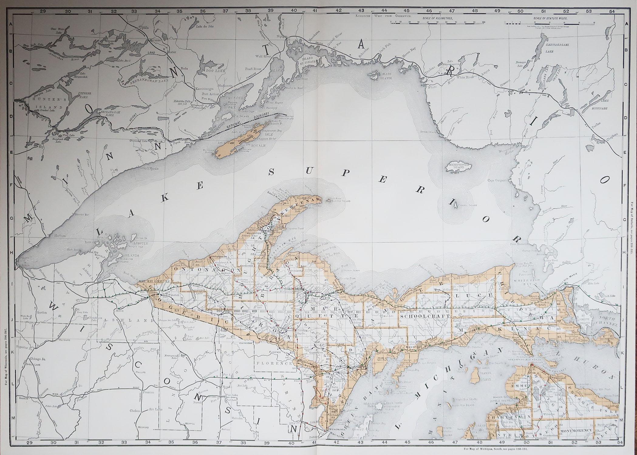 Fabulous map of Michigan North.

Original color.

By Rand, McNally & Co.

Published, 1894.

Unframed.

Free shipping.