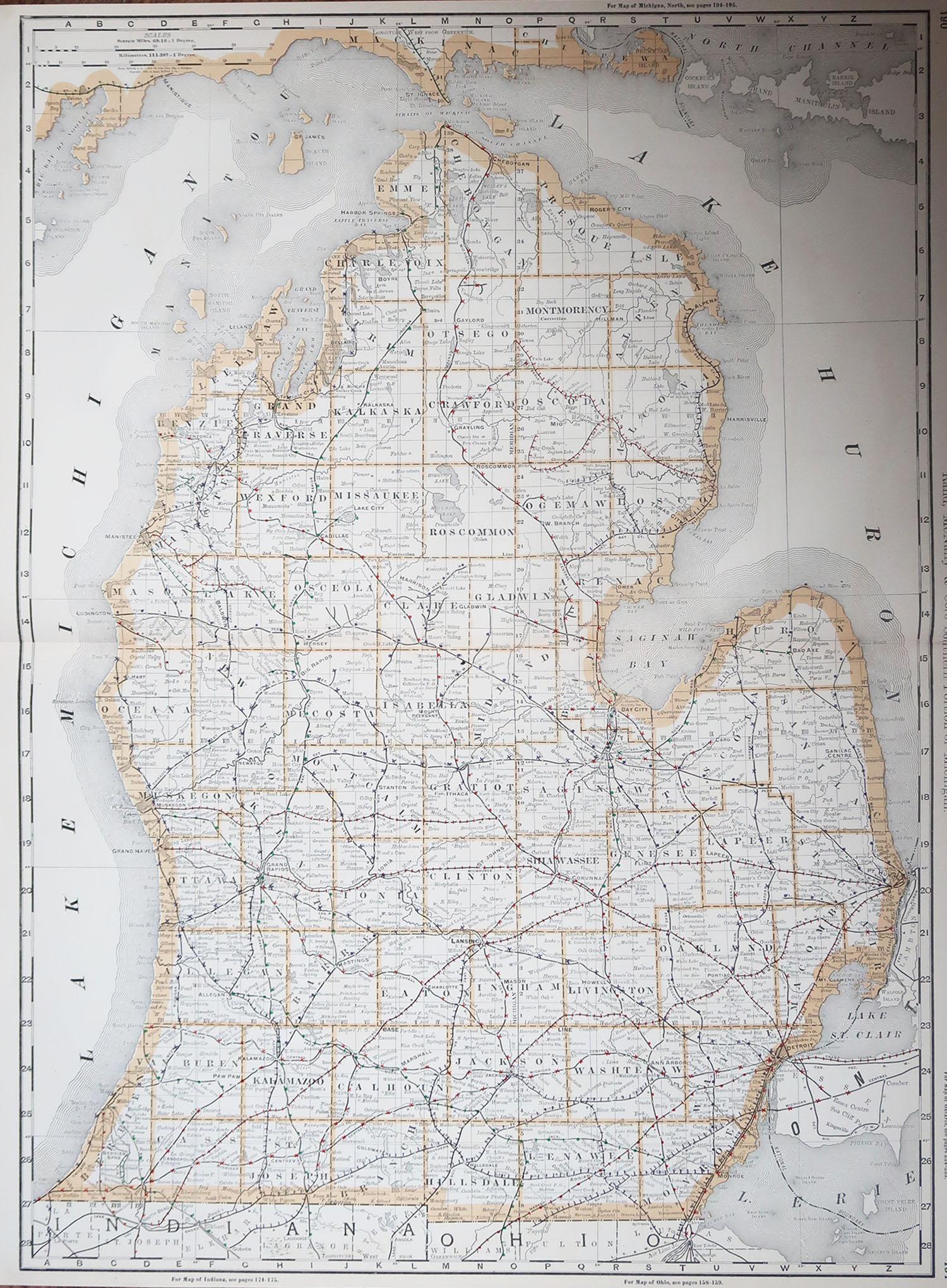 Fabulous map of Michigan South.

Original color.

By Rand, McNally & Co.

Published, 1894.

Unframed.

Free shipping.