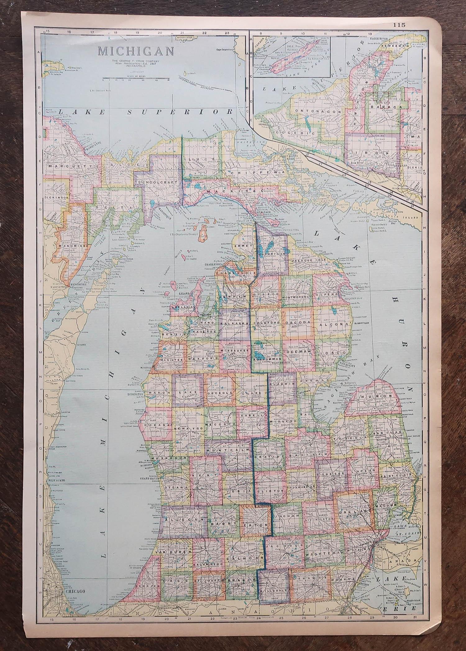 American Large Original Antique Map of Michigan, USA, circa 1900