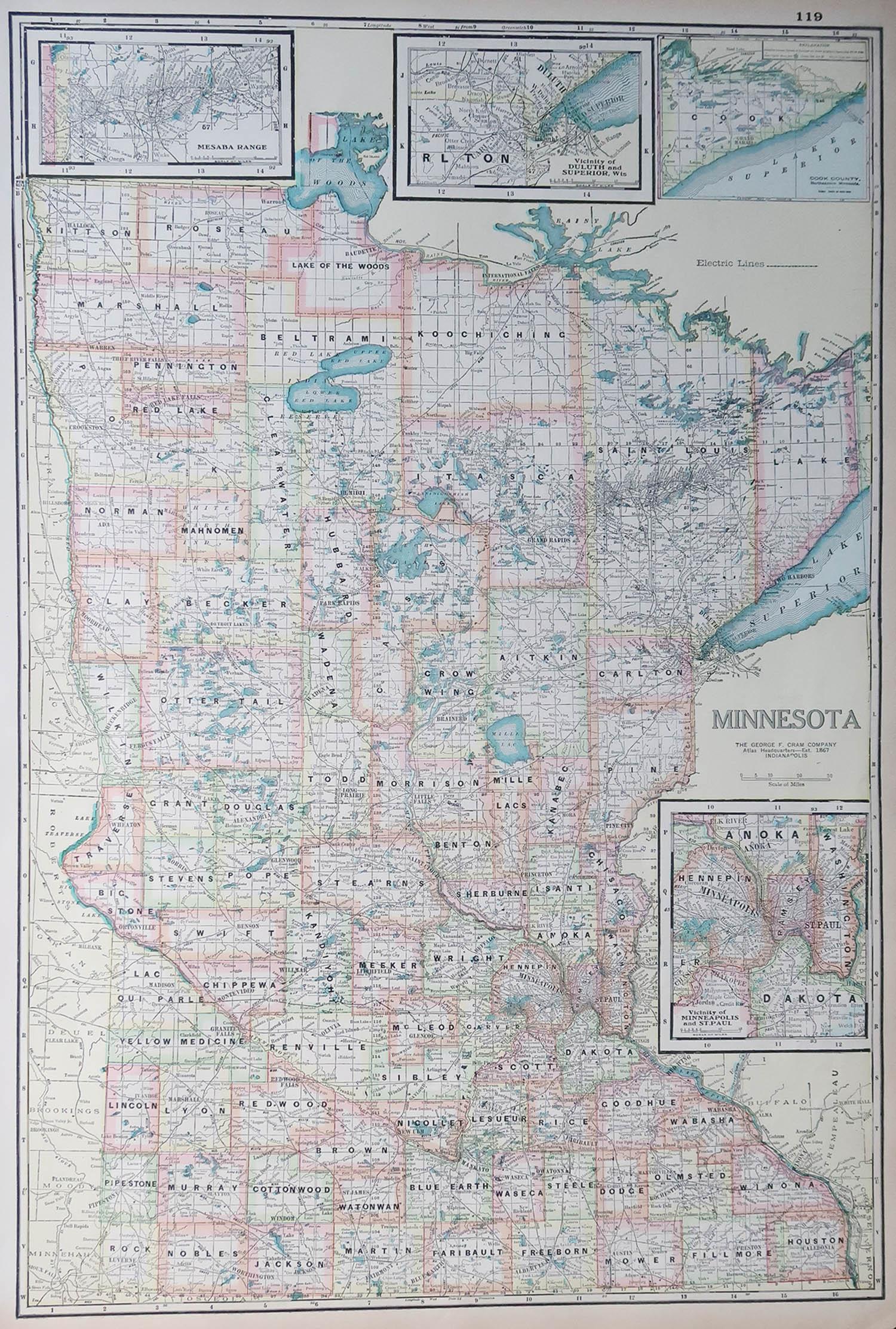 Fabulous map of Minnesota

Original color

Engraved and printed by the George F. Cram Company, Indianapolis.

Published, C.1900

Unframed

Repair to a small tear bottom left corner

Free shipping.