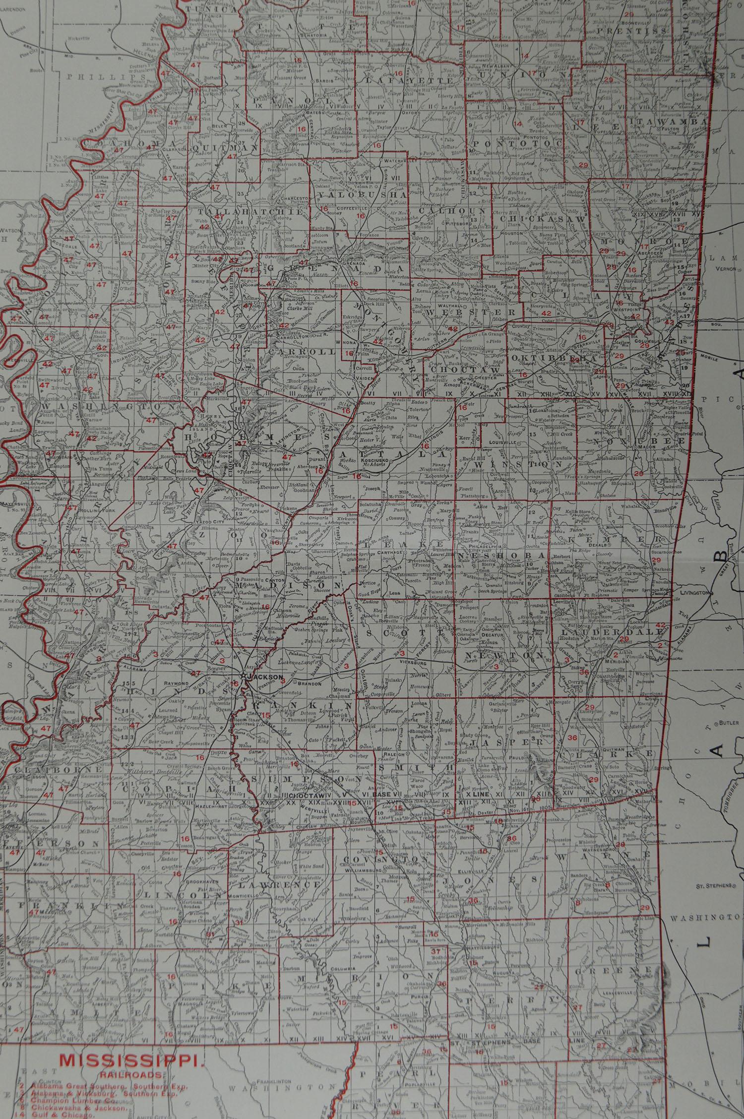 Edwardian Large Original Antique Map of Mississippi by Rand McNally, circa 1900