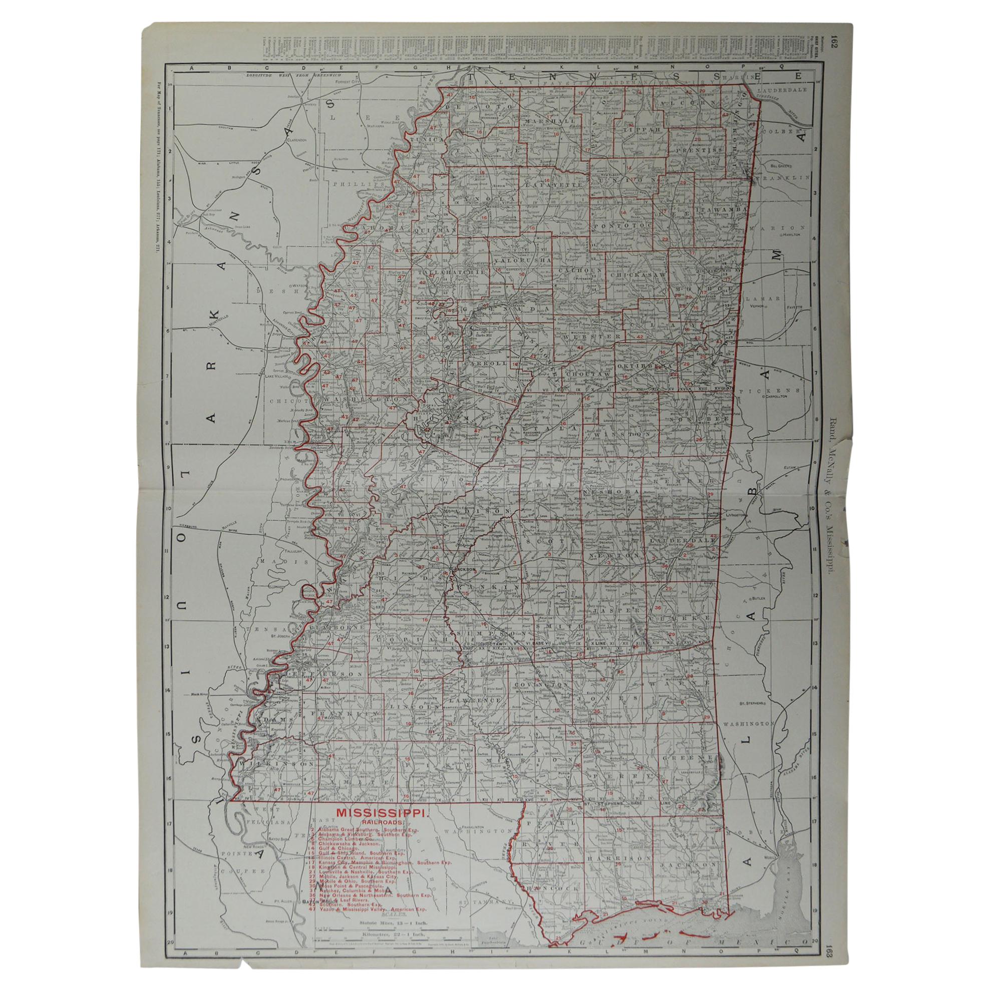 Large Original Antique Map of Mississippi by Rand McNally, circa 1900