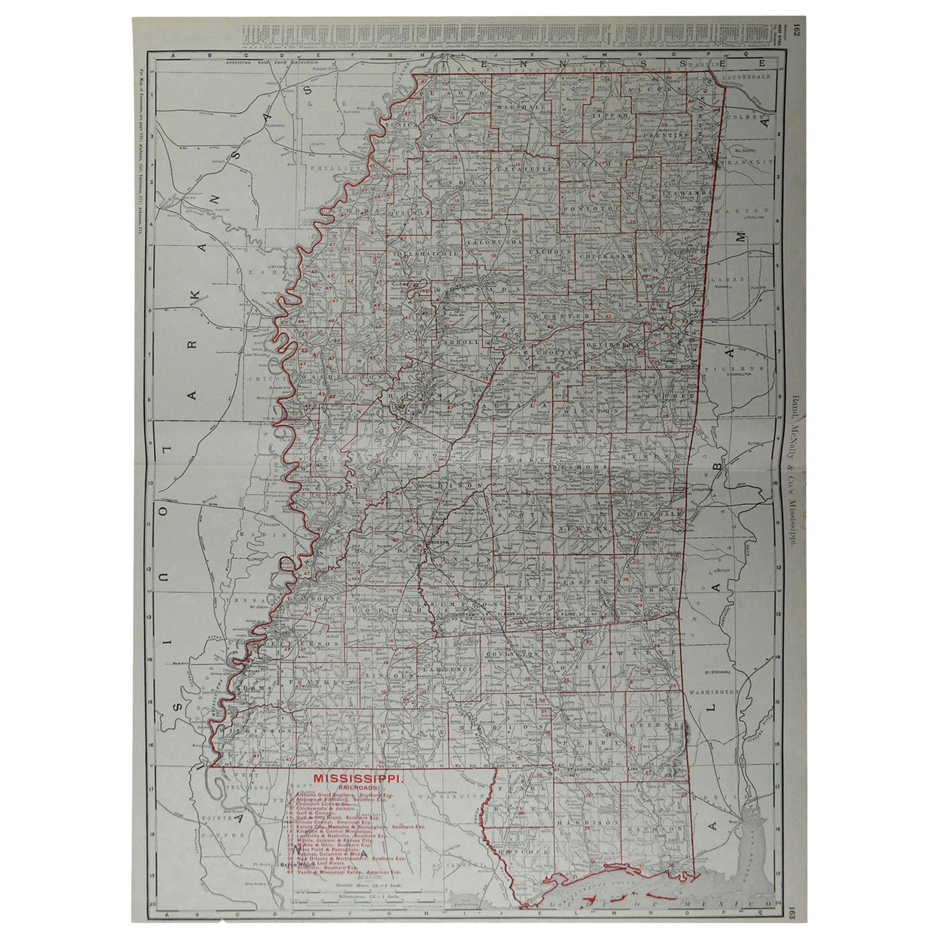 Large Original Antique Map of Mississippi by Rand McNally, circa 1900