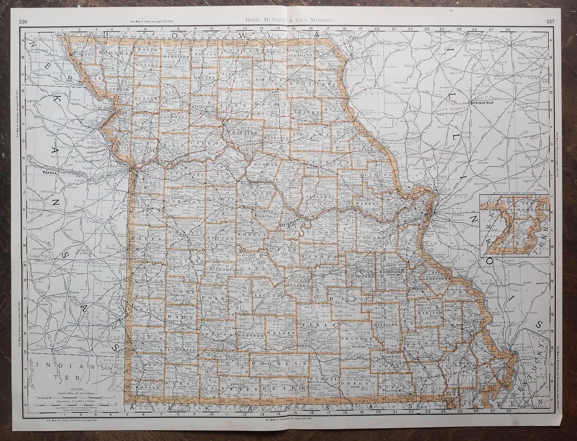 Gran Mapa Antiguo Original de Missouri, EE.UU., 1894 Otro