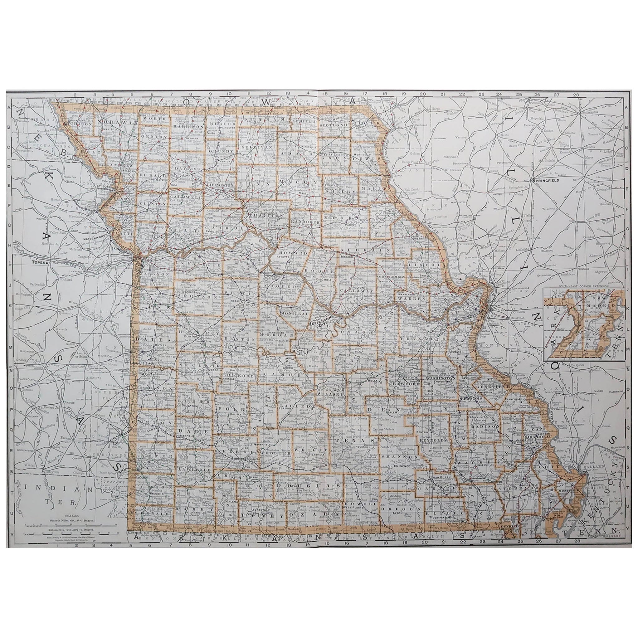 Gran Mapa Antiguo Original de Missouri, EE.UU., 1894