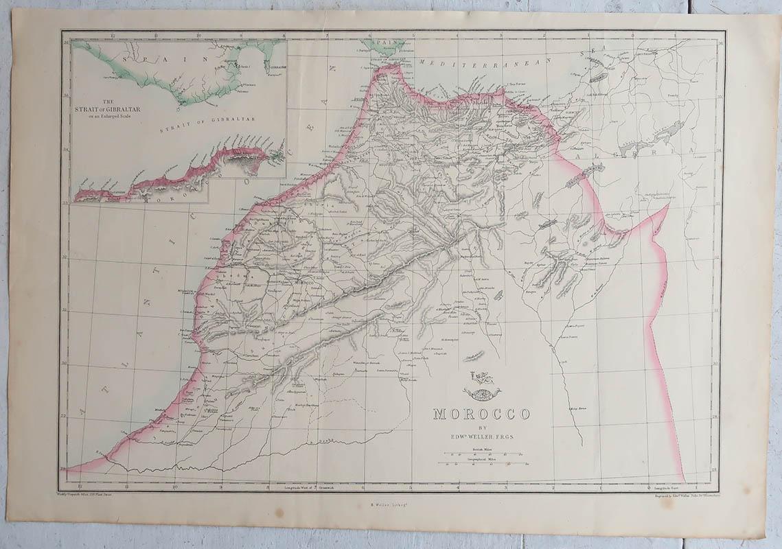 Victorian Large Original Antique Map of Morocco. Edward Weller, 1861 For Sale