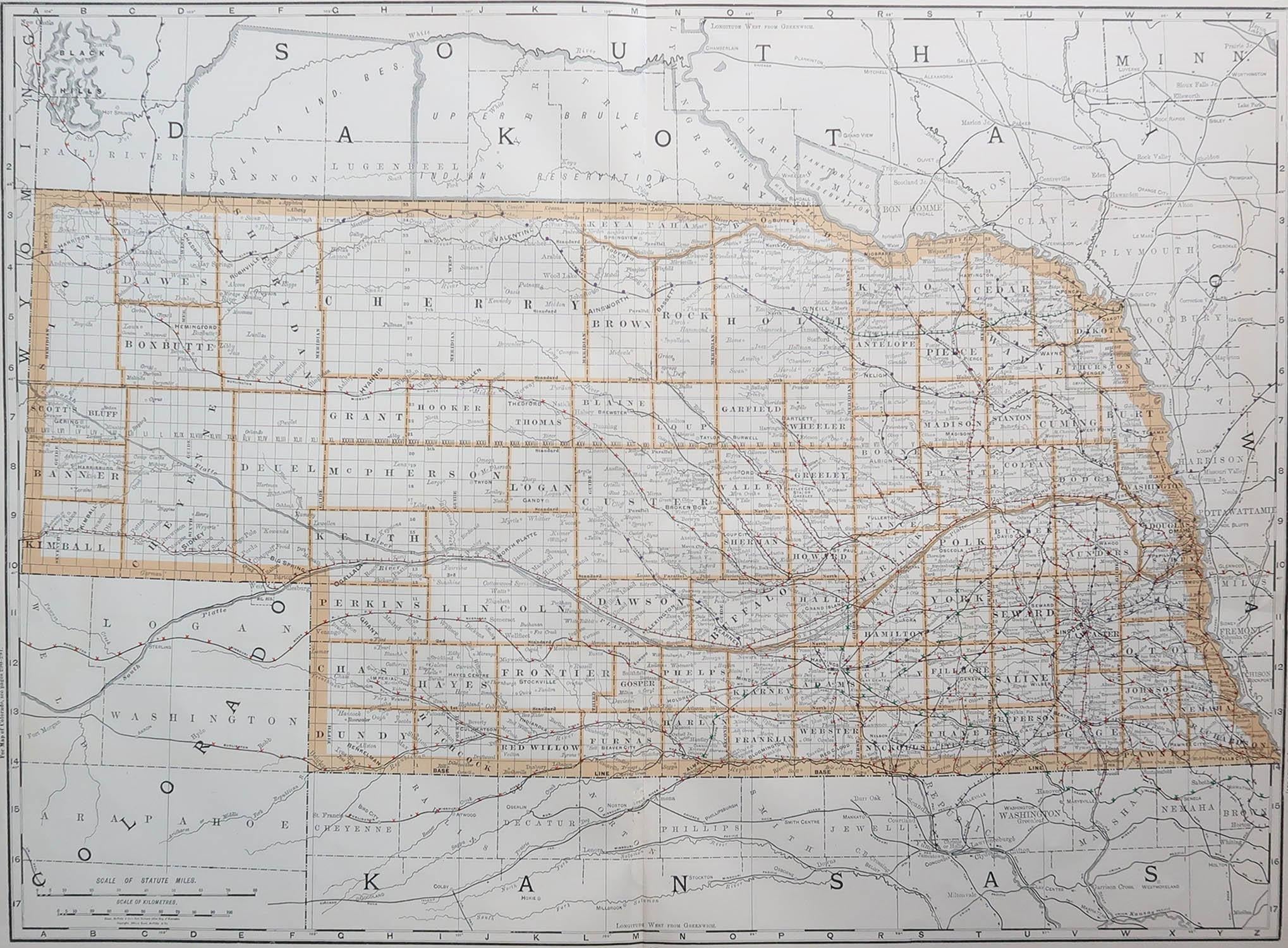 Fabulous map of Nebraska

Original color

By Rand, McNally & Co.

Published, 1894

Unframed

Some slight restoration to the Gosper / Furnas area. Seen in the last image

Free shipping.