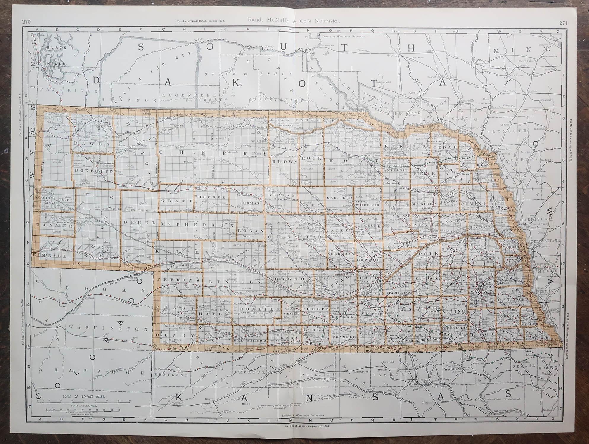 American Large Original Antique Map of Nebraska, USA, 1894 For Sale