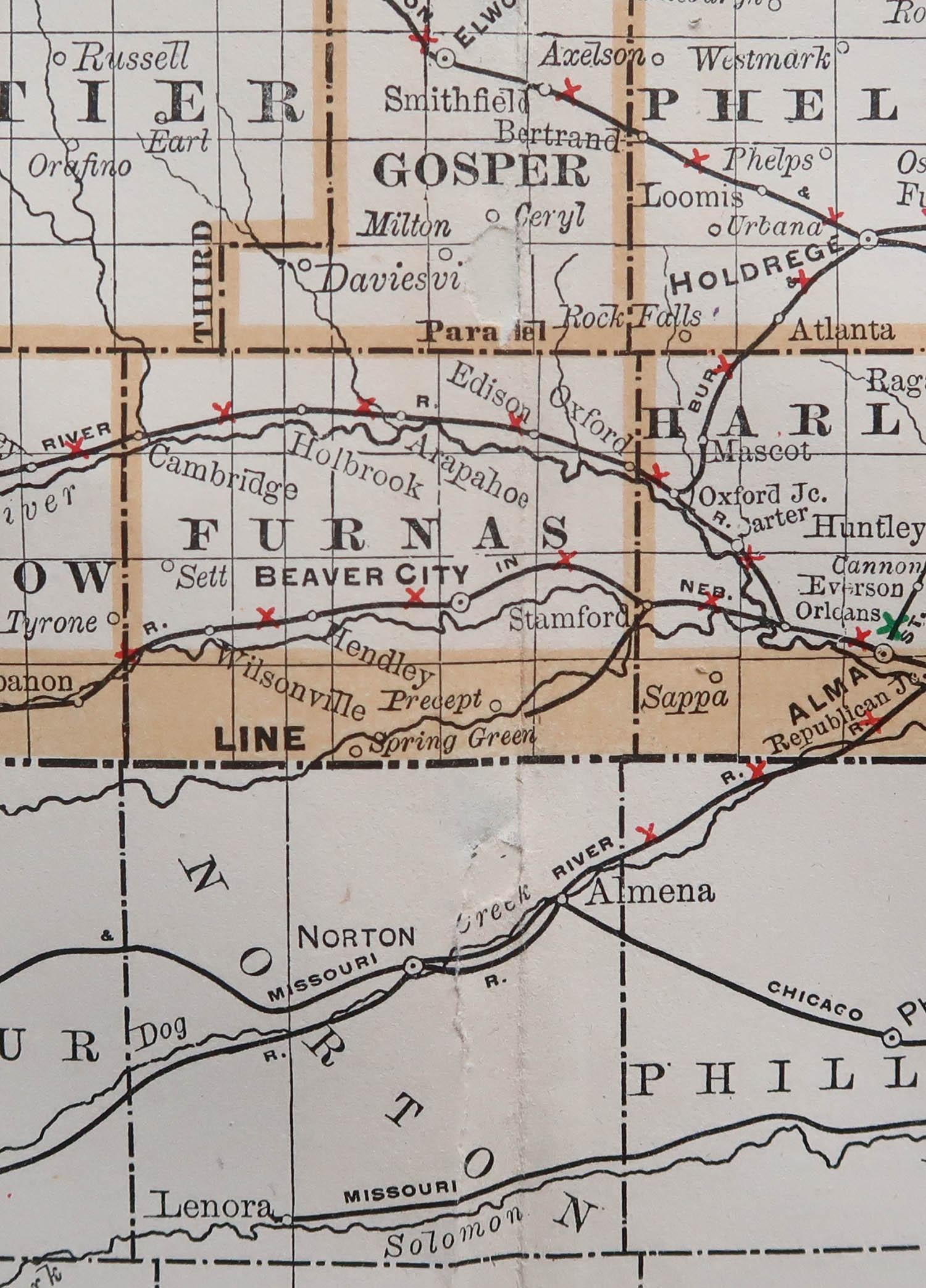 Other Large Original Antique Map of Nebraska, USA, 1894 For Sale