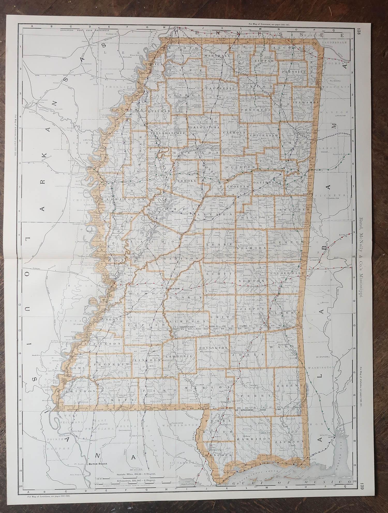 American Large Original Antique Map of Mississippi, USA, 1894 For Sale