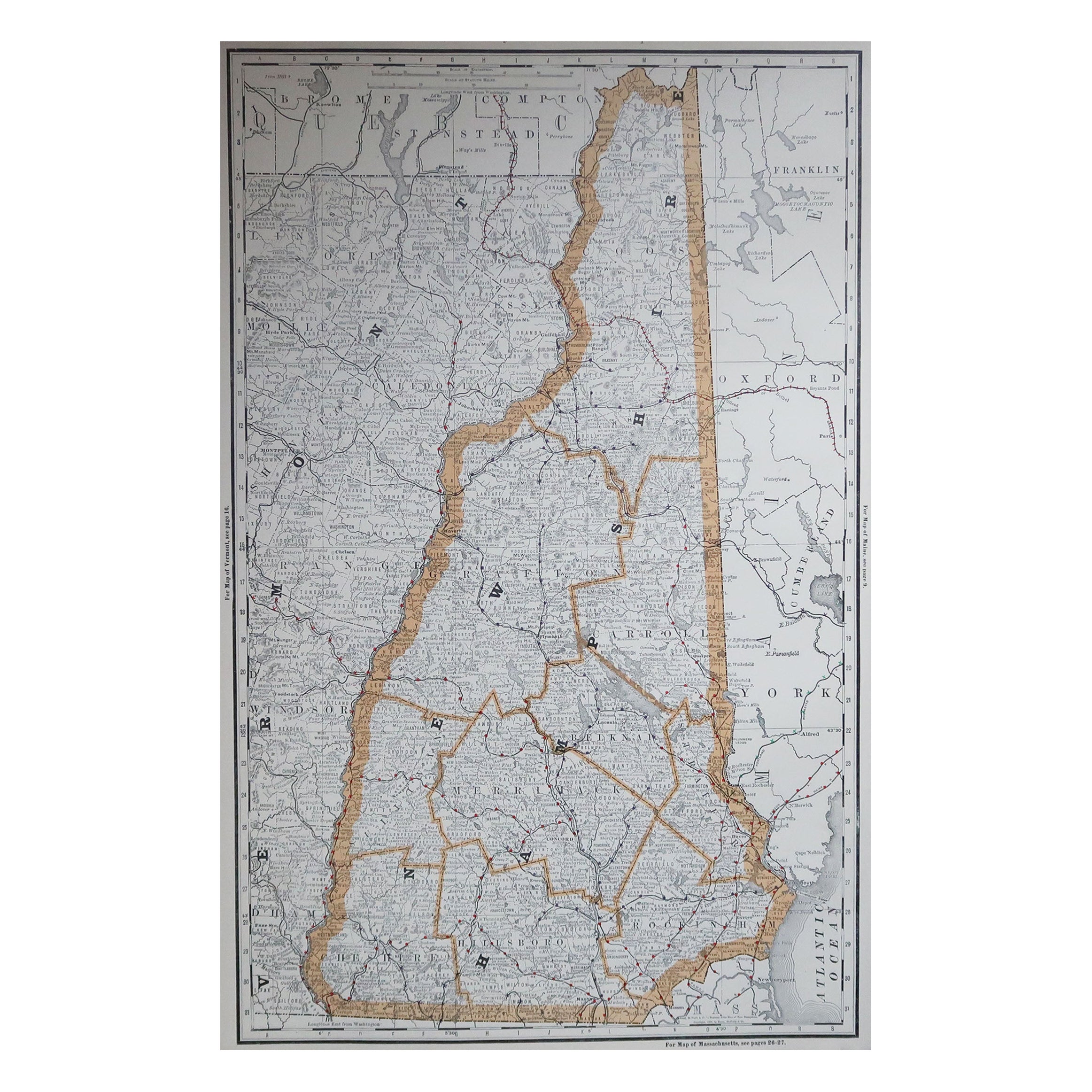 Grande mappa originale antica del New Hampshire, USA, 1894