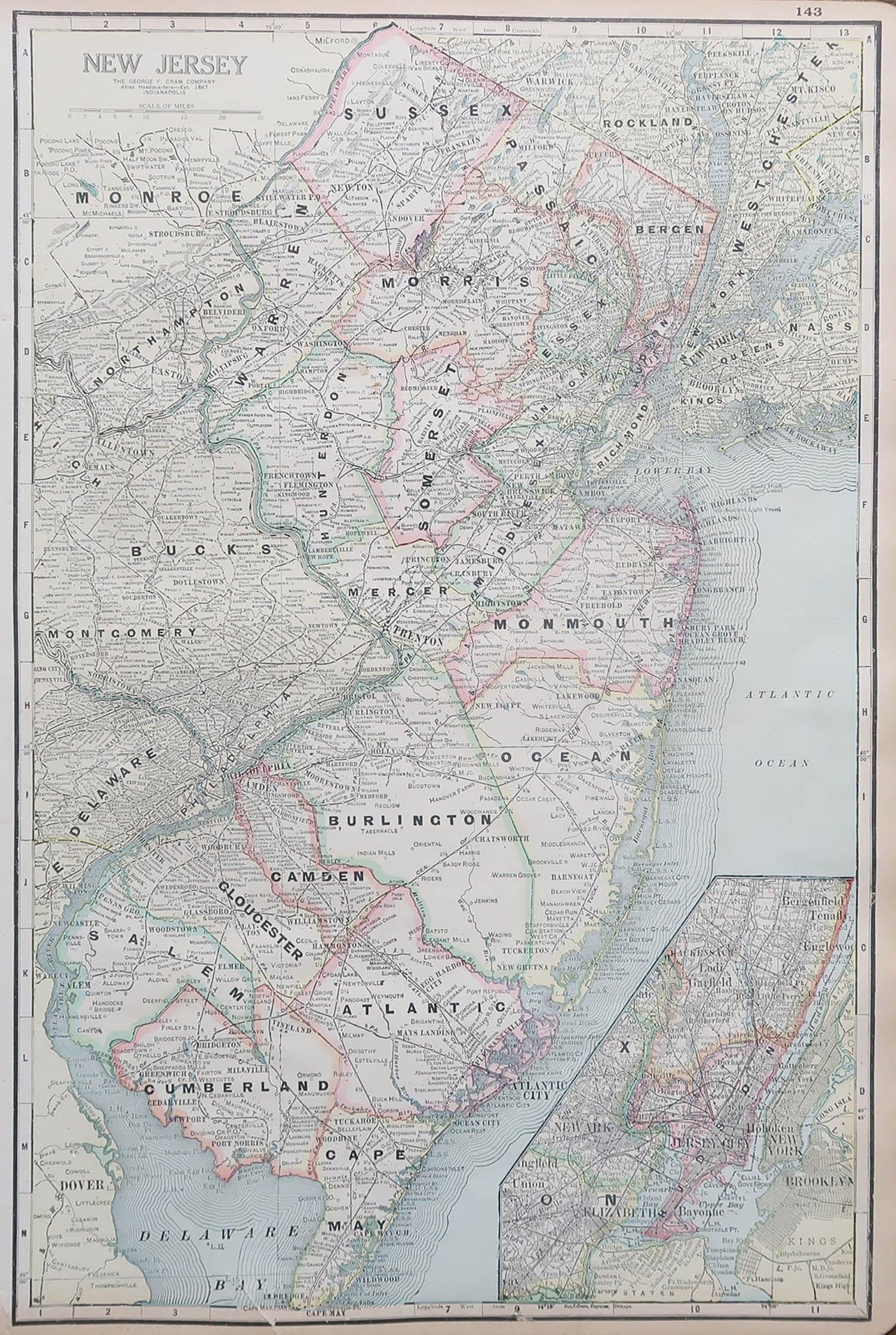 Fabulous map of New Jersey

Original color

Engraved and printed by the George F. Cram Company, Indianapolis.

Published, circa 1900

Unframed

Repairs to minor edge tears

 
