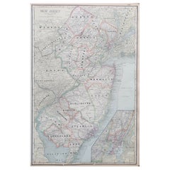 Grande mappa originale antica del New Jersey, USA, circa 1900