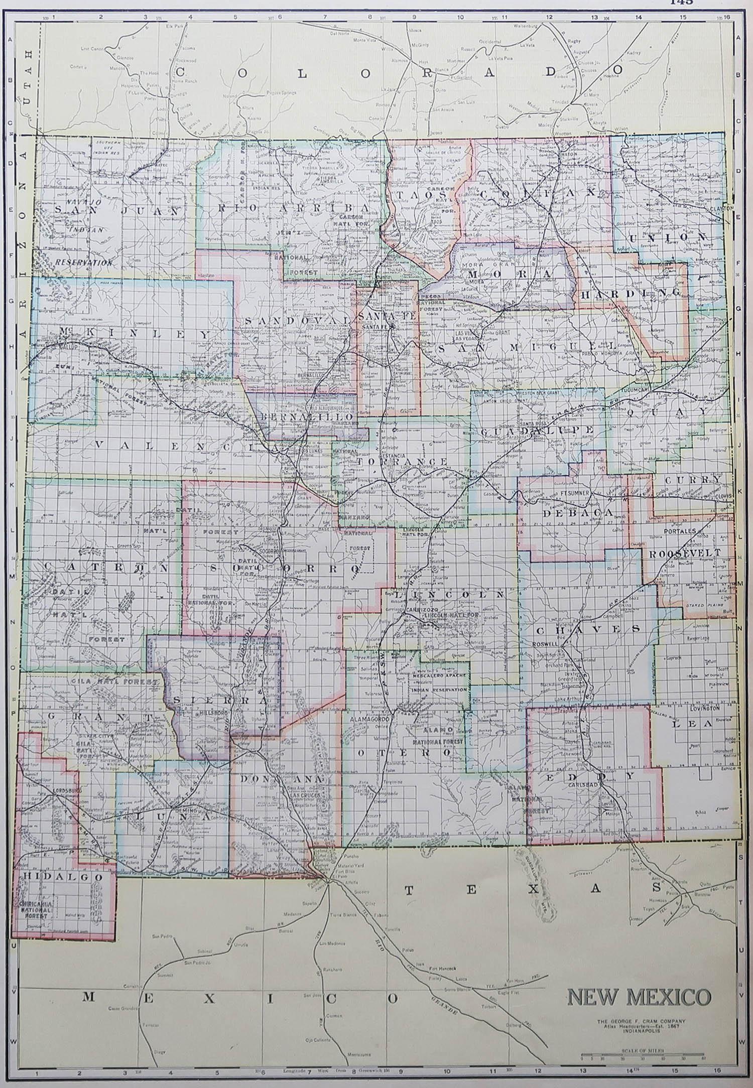 Fabulous map of New Mexico.

Original color.

Engraved and printed by the George F. Cram Company, Indianapolis.

Published, C.1900.

Unframed.

Free shipping.