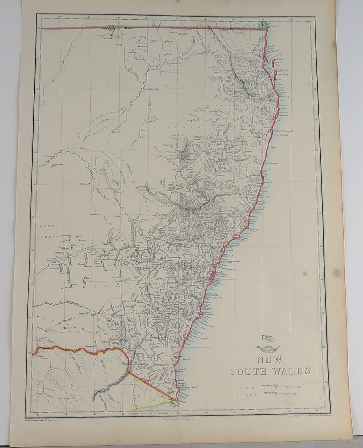 Great map of New South Wales

Drawn and engraved by Edward Weller

Original color outline

Published in The Weekly Dispatch Atlas, 1861

Minor foxing to right margin

Unframed.








 