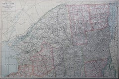 Large Original Antique Map of New York State ( Northern ), USA, C.1900