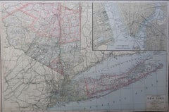 Large Original Antique Map of New York State( Southern ), USA, C.1900