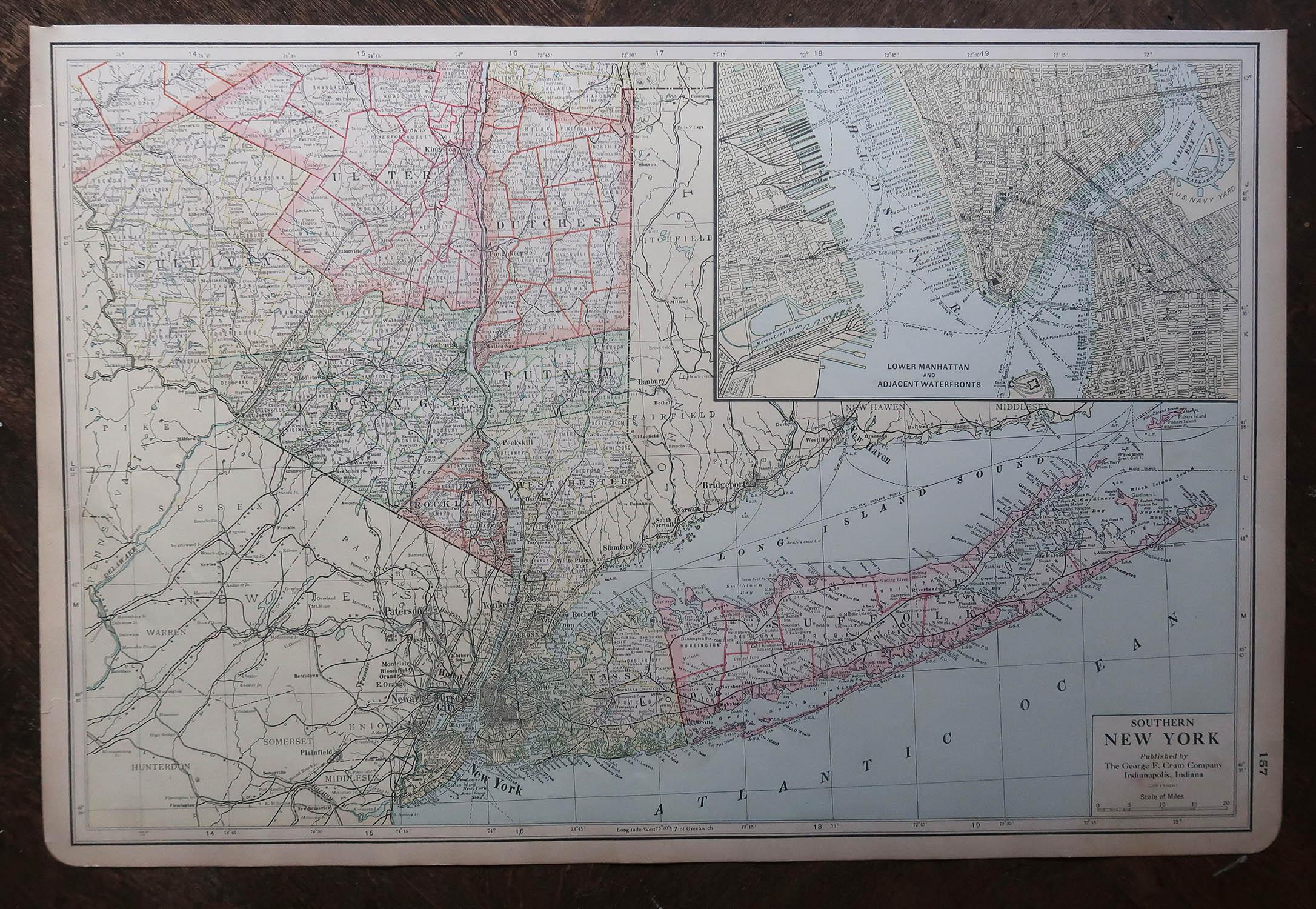 Große Original-Antike Karte des Bundesstaates New York ( Süden), USA, um 1900 (amerikanisch) im Angebot