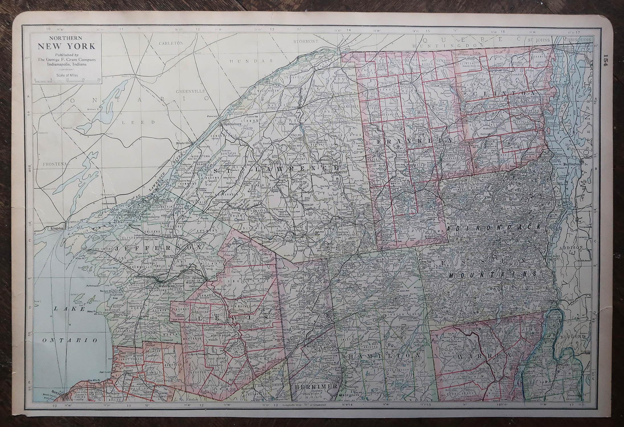 Große Original-Antike Karte des Bundesstaates New York ( Nordengland), USA, um 1900 (Sonstiges) im Angebot