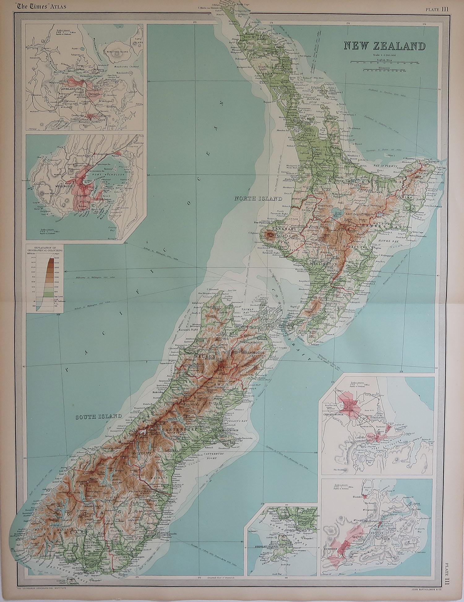 Great map New Zealand

Unframed

Original color

By John Bartholomew and Co. Edinburgh Geographical Institute

Published, circa 1920

Free shipping.
 