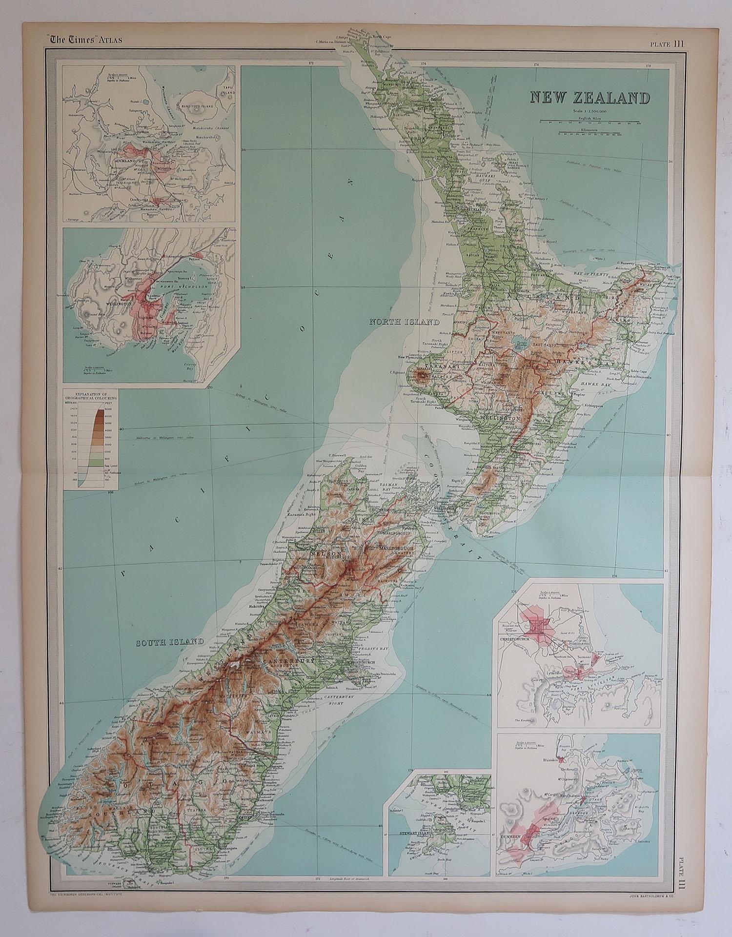 British Large Original Antique Map of New Zealand by Bartholomew, circa 1920