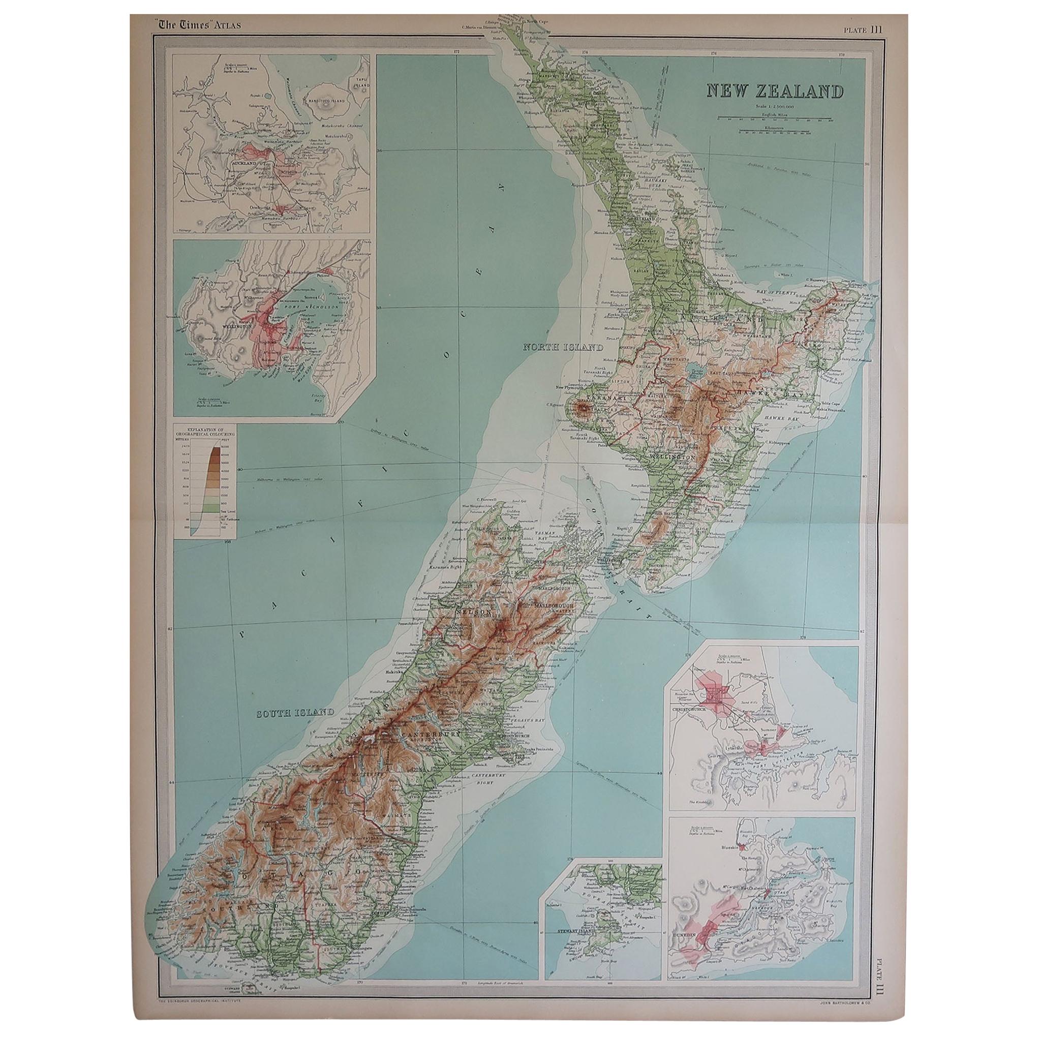 Large Original Antique Map of New Zealand by Bartholomew, circa 1920